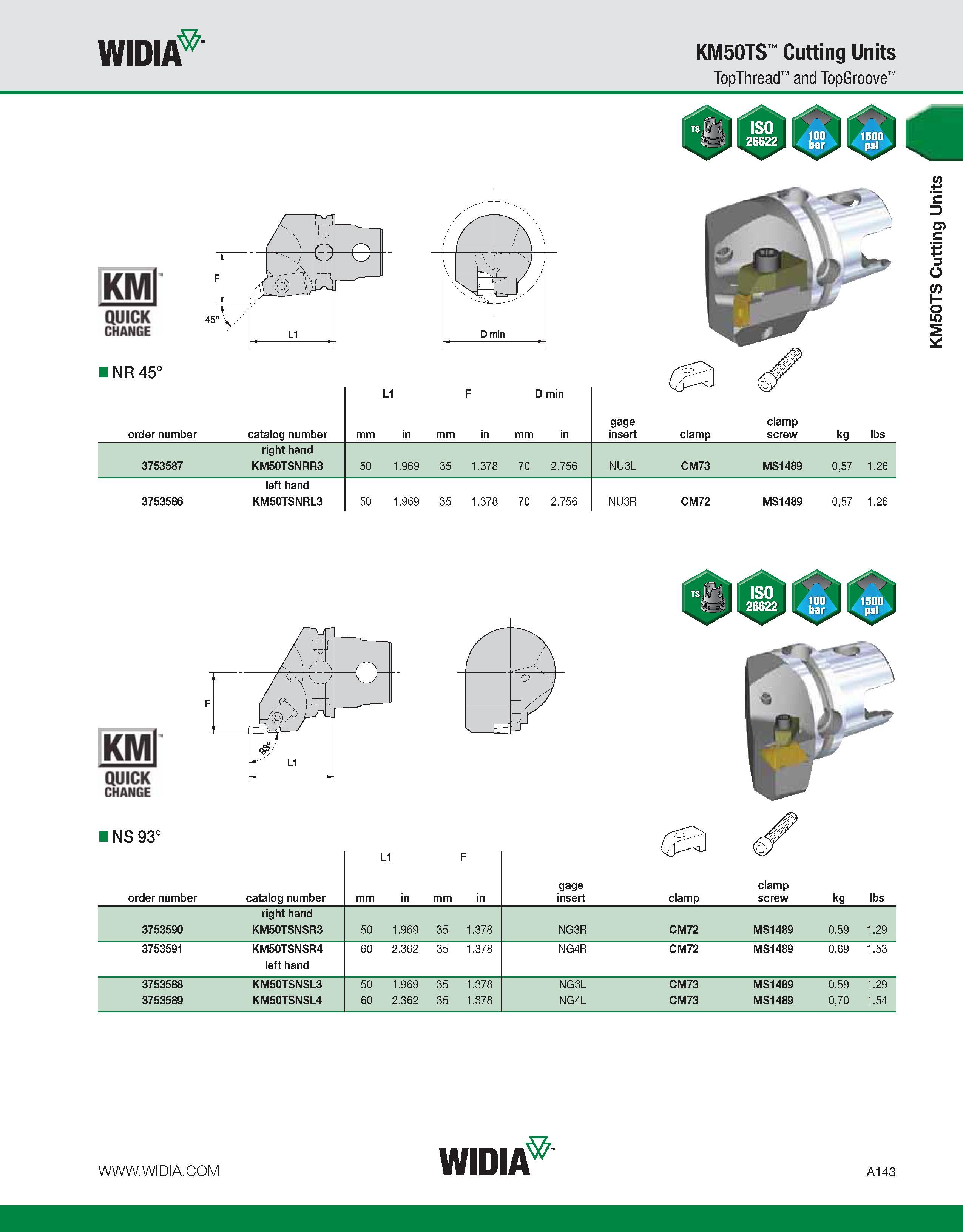 153 WIDIA KM50TS Cutting Units TopThread and TopGroove KMl QUICK CHANGE I NR 45° L1 F D min order number catalog number mm in mm in mm in gage insert Каталог WIDIA 2011 Инструментальная оснастка для металлорежущих станков Вспомогательный инструмент для оборудования Адаптеры Насадки Оправки Патроны Стр. A143 ENG