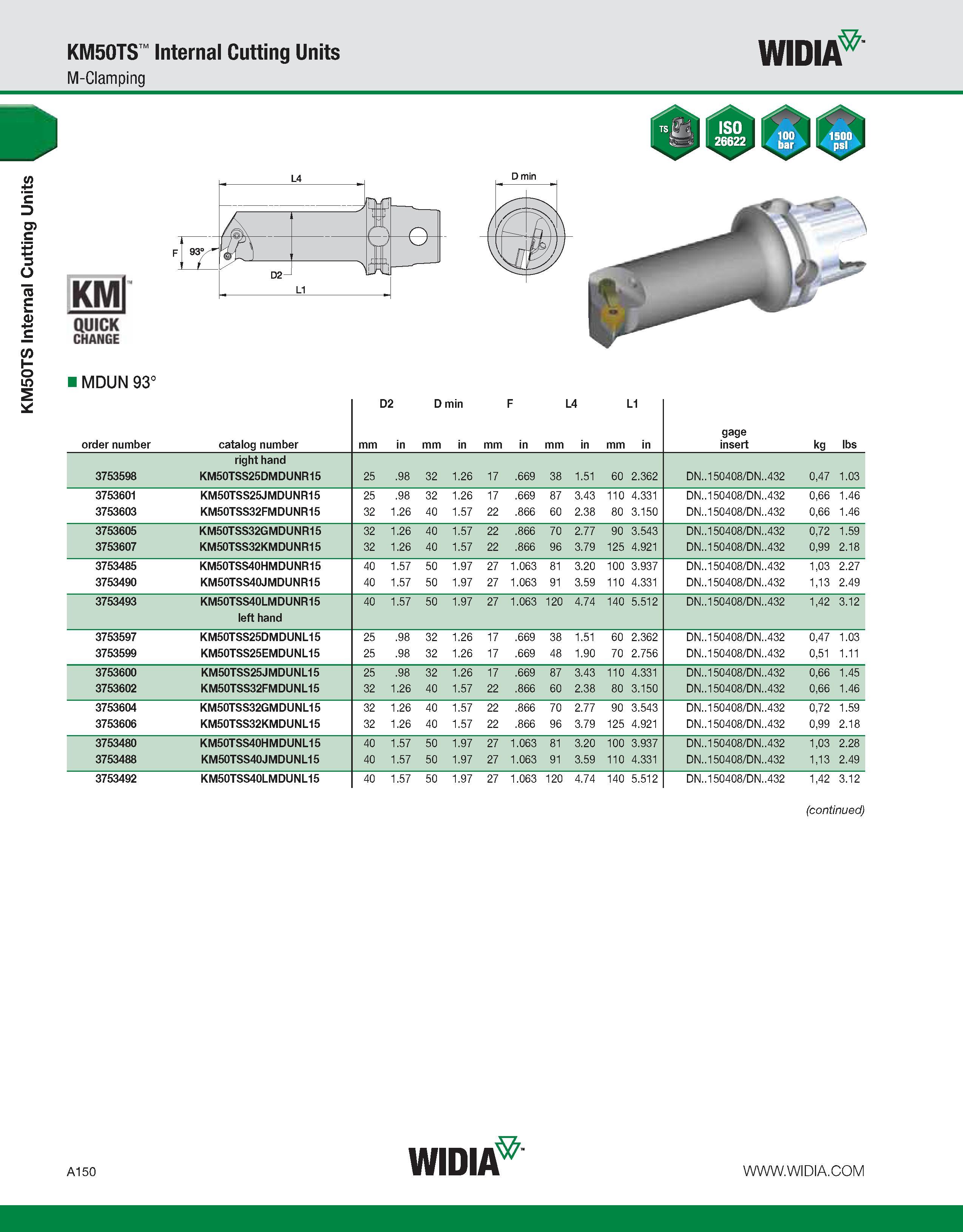 160 KM50TS Internal Cutting Units KM50TS Internal Cutting Units M-Clamping WIDIA KMl quick CHANGE MDUN 93° order number catalog number mm D2 in D min Каталог WIDIA 2011 Инструментальная оснастка для металлорежущих станков Вспомогательный инструмент для оборудования Адаптеры Насадки Оправки Патроны Стр. A150 ENG