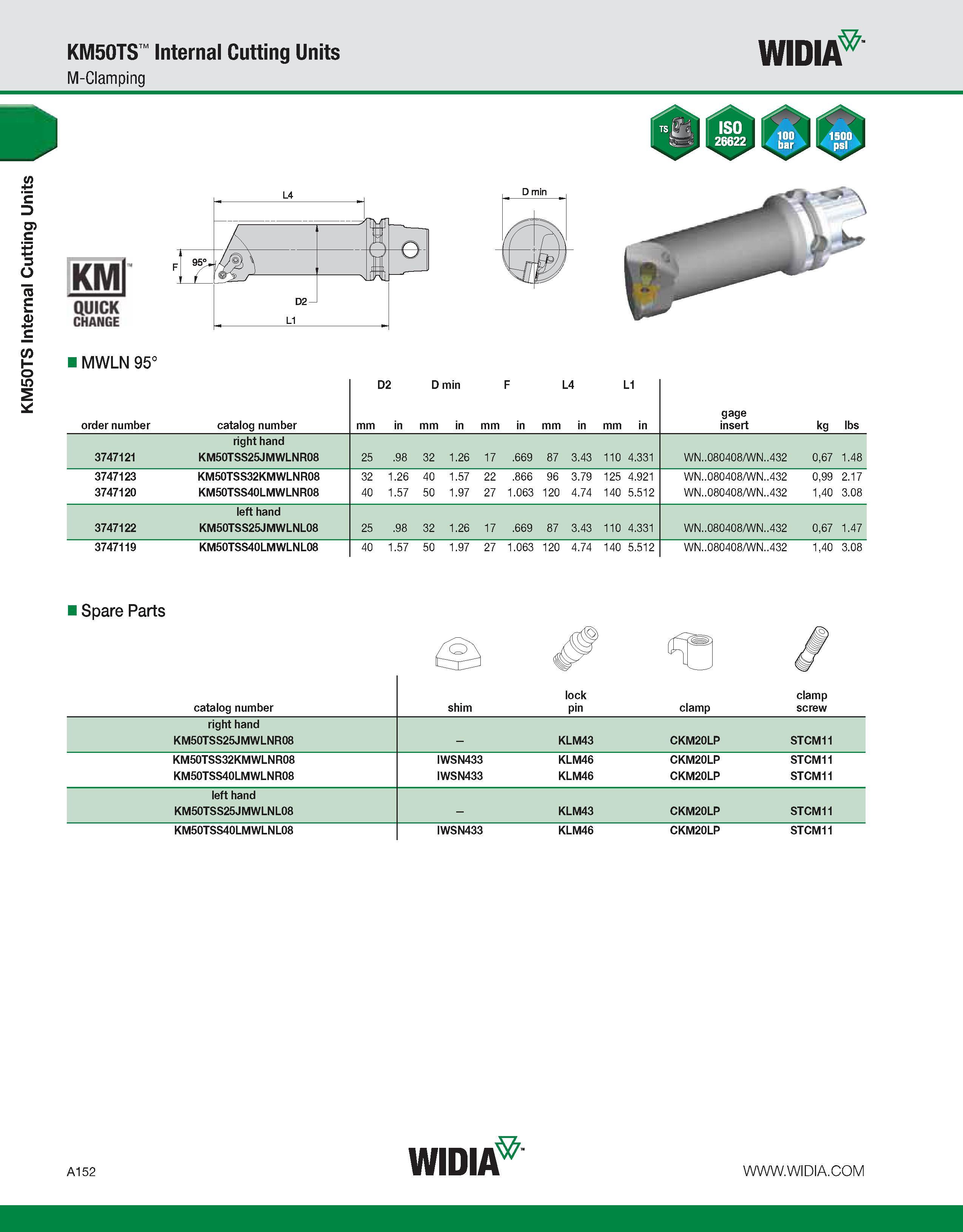 162 KM50TS Internal Cutting Units KM50TS Internal Cutting Units M-Clamping WIDIA KMl QUICK CHANGE D min MWLN 95° D2 D min F L4 L1 order number catalo Каталог WIDIA 2011 Инструментальная оснастка для металлорежущих станков Вспомогательный инструмент для оборудования Адаптеры Насадки Оправки Патроны Стр. A152 ENG