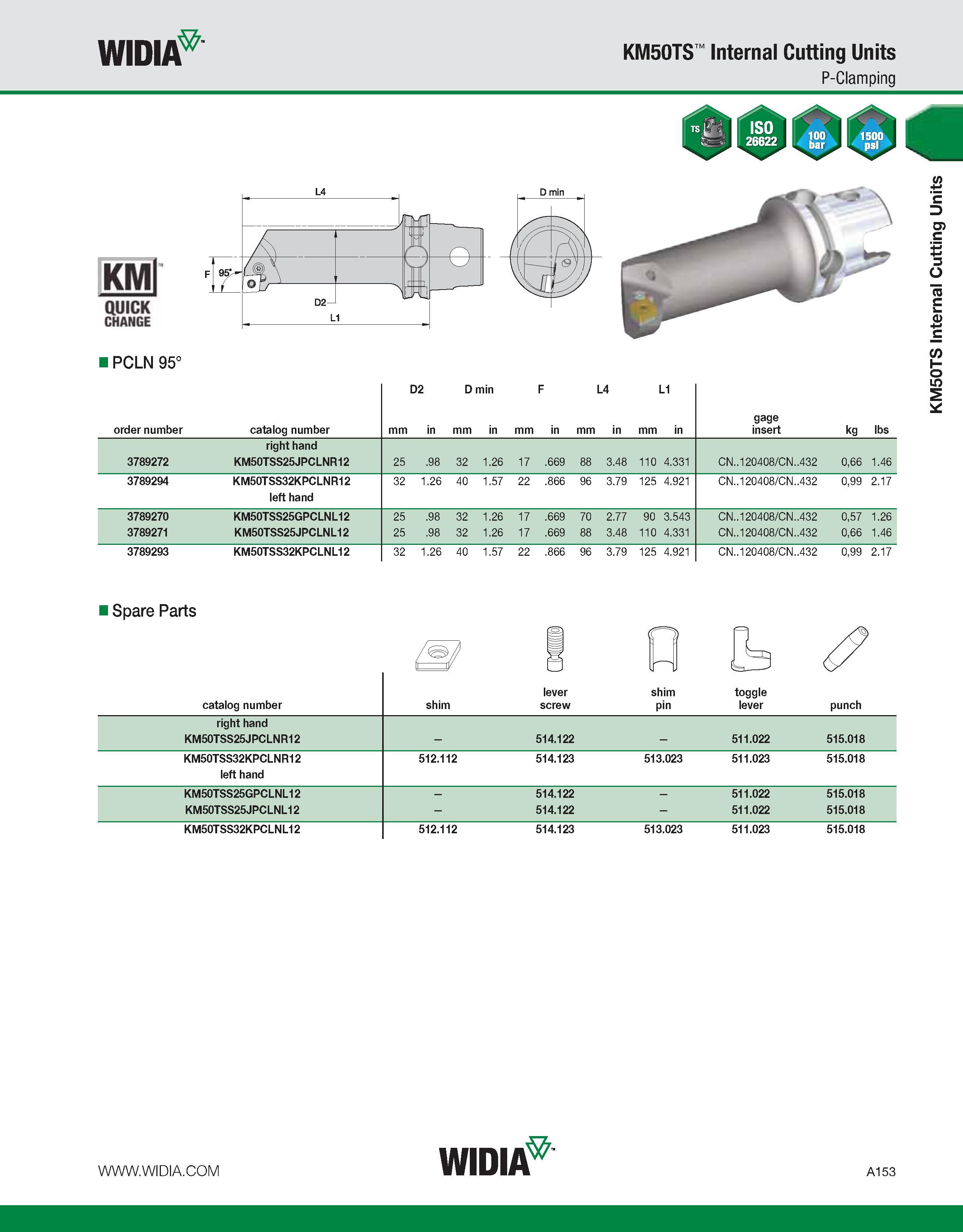 163 WIDIA KM50TS Internal Cutting Units P-Clamping KMl QUICK CHANGE I PCLN 95° D2 D min F L4 L1 order number catalog number mm in mm in mm in mm in m Каталог WIDIA 2011 Инструментальная оснастка для металлорежущих станков Вспомогательный инструмент для оборудования Адаптеры Насадки Оправки Патроны Стр. A153 ENG