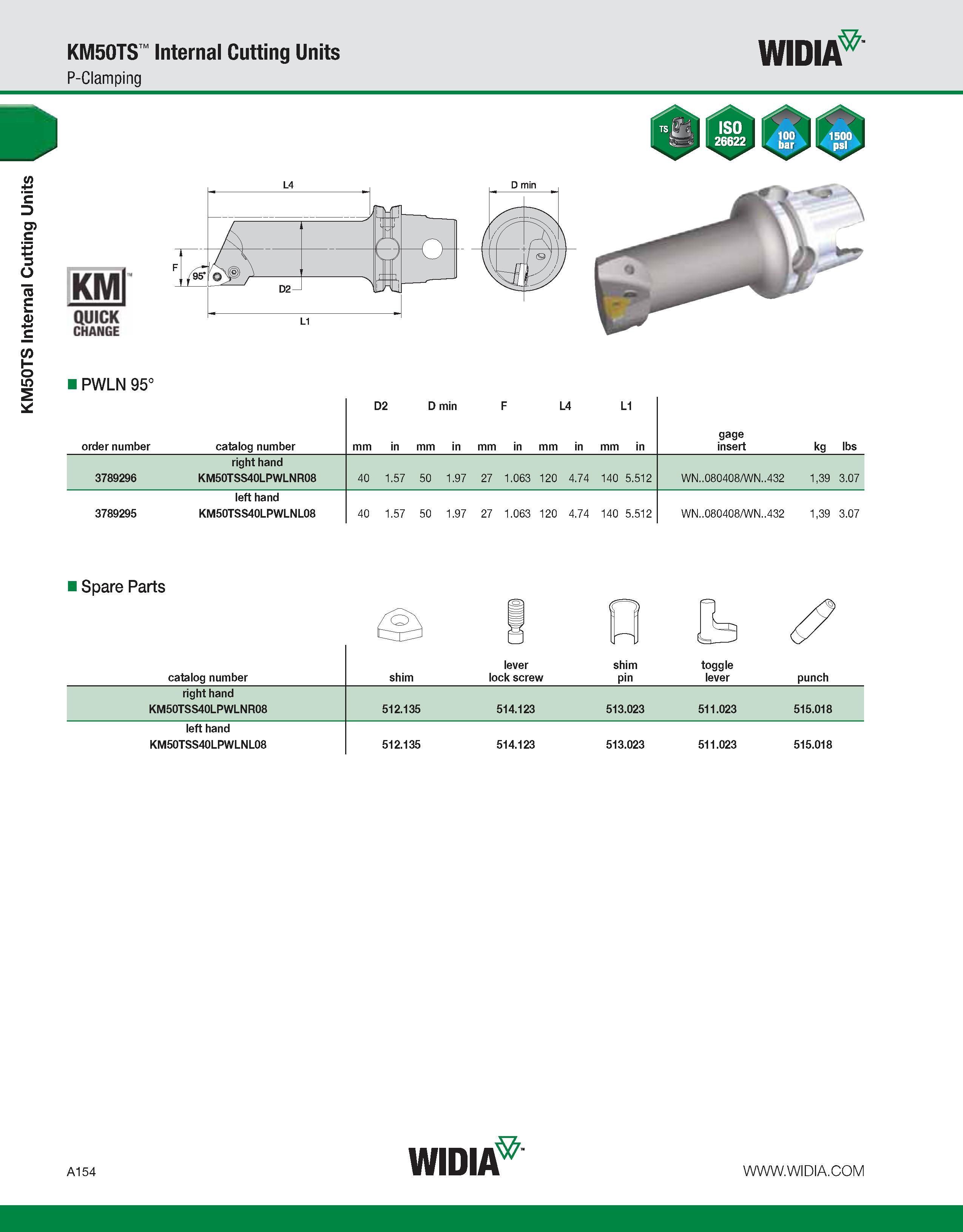 164 KM50TS Internal Cutting Units KM50TS Internal Cutting Units P-Clamping WIDIA KMl QUICK CHANGE PWLN 95° D2 D min F L4 L1 order number catalog numb Каталог WIDIA 2011 Инструментальная оснастка для металлорежущих станков Вспомогательный инструмент для оборудования Адаптеры Насадки Оправки Патроны Стр. A154 ENG
