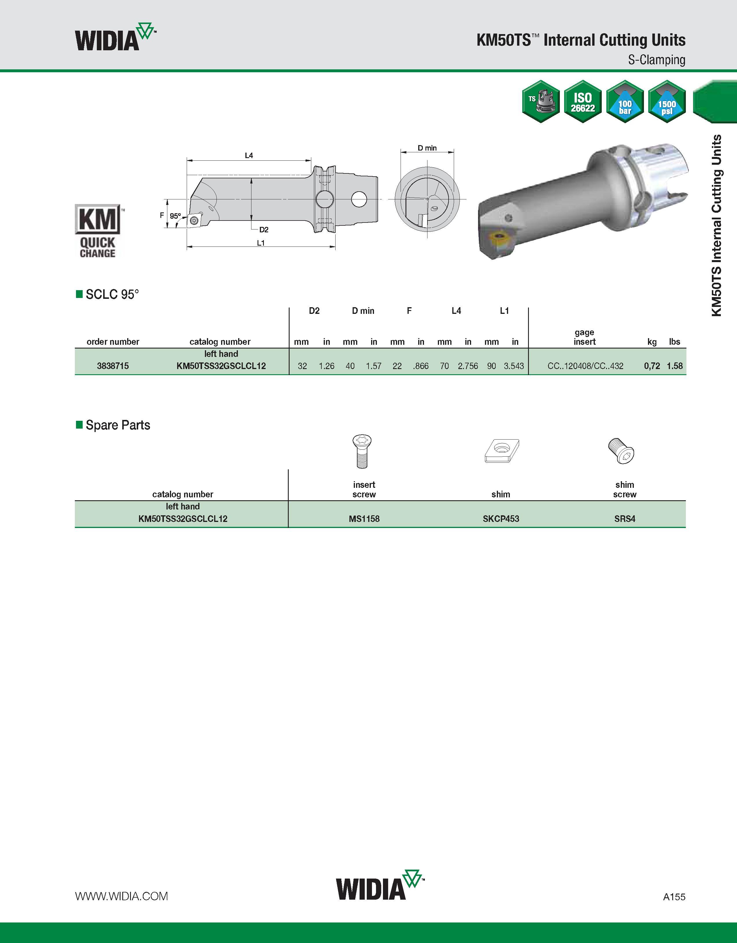 165 WIDIA KM50TS Internal Cutting Units S-Clamping KMl QUICK CHANGE ISCLC 95° D2 D min F L4 L1 order number catalog number mm in mm in mm in mm in mm Каталог WIDIA 2011 Инструментальная оснастка для металлорежущих станков Вспомогательный инструмент для оборудования Адаптеры Насадки Оправки Патроны Стр. A155 ENG