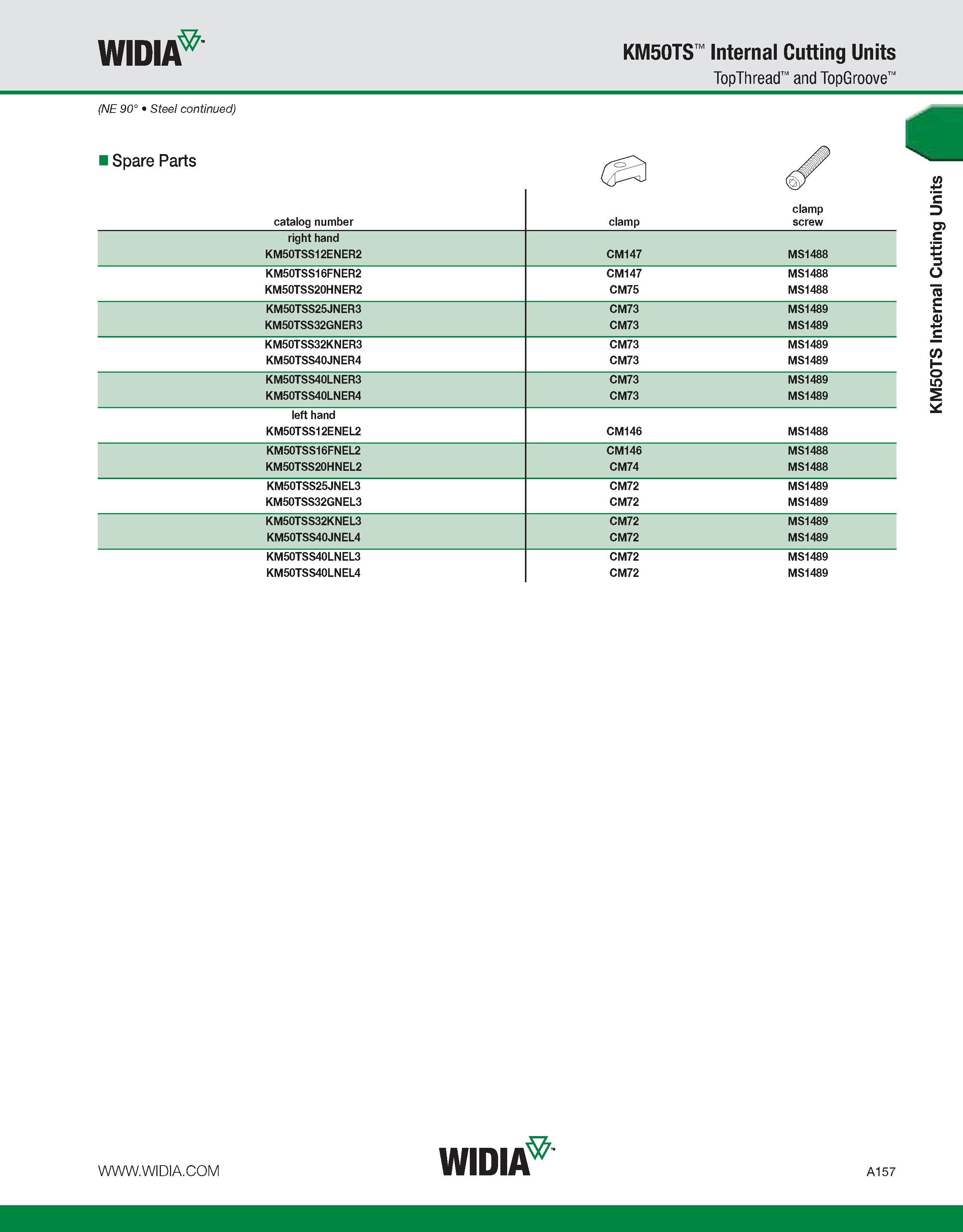 167 WIDIA KM50TS Internal Cutting Units TopThread and TopGroove (NE 90° Steel continued) Spare Parts catalog number clamp clamp screw right hand KM50 Каталог WIDIA 2011 Инструментальная оснастка для металлорежущих станков Вспомогательный инструмент для оборудования Адаптеры Насадки Оправки Патроны Стр. A157 ENG