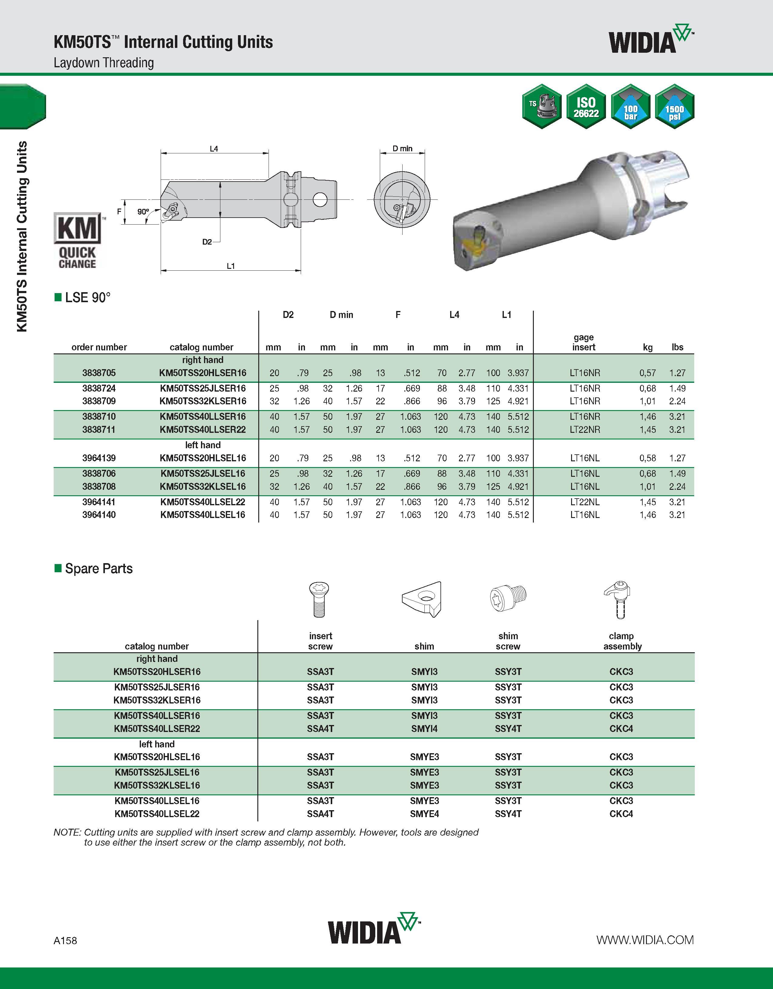 168 KM50TS Internal Cutting Units KM50TS Internal Cutting Units Laydown Threading WIDIA QUICK CHANGE LSE 90° order number catalog number mm D2 in D m Каталог WIDIA 2011 Инструментальная оснастка для металлорежущих станков Вспомогательный инструмент для оборудования Адаптеры Насадки Оправки Патроны Стр. A158 ENG