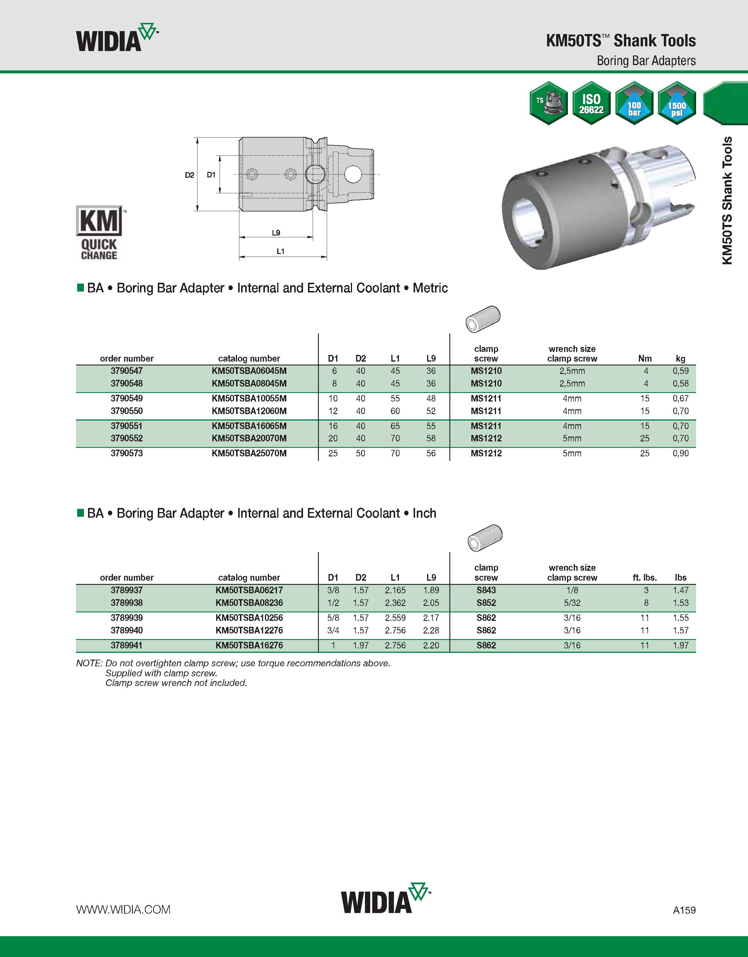 169 WIDIA KM50TS Shank Tools Boring Bar Adapters KMl QUICK CHANGE I BA Boring Bar Adapter Internal and External Coolant Metric order number catalog n Каталог WIDIA 2011 Инструментальная оснастка для металлорежущих станков Вспомогательный инструмент для оборудования Адаптеры Насадки Оправки Патроны Стр. A159 ENG