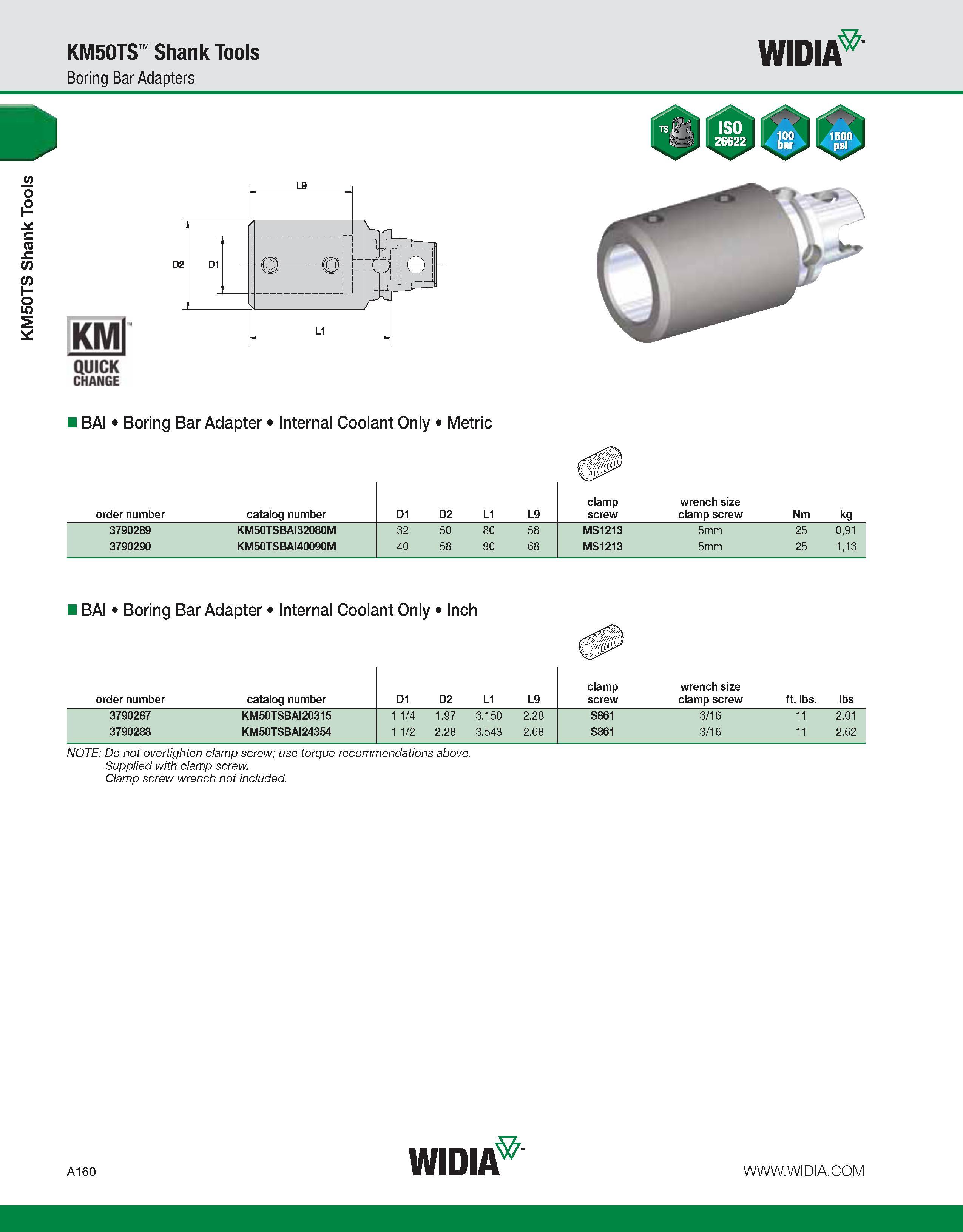 170 KM50TS Shank Tools KM50TS Shank Tools Boring Bar Adapters WIDIA KMl QUICK CHANGE BAI Boring Bar Adapter Internal Coolant Only Metric order number Каталог WIDIA 2011 Инструментальная оснастка для металлорежущих станков Вспомогательный инструмент для оборудования Адаптеры Насадки Оправки Патроны Стр. A160 ENG