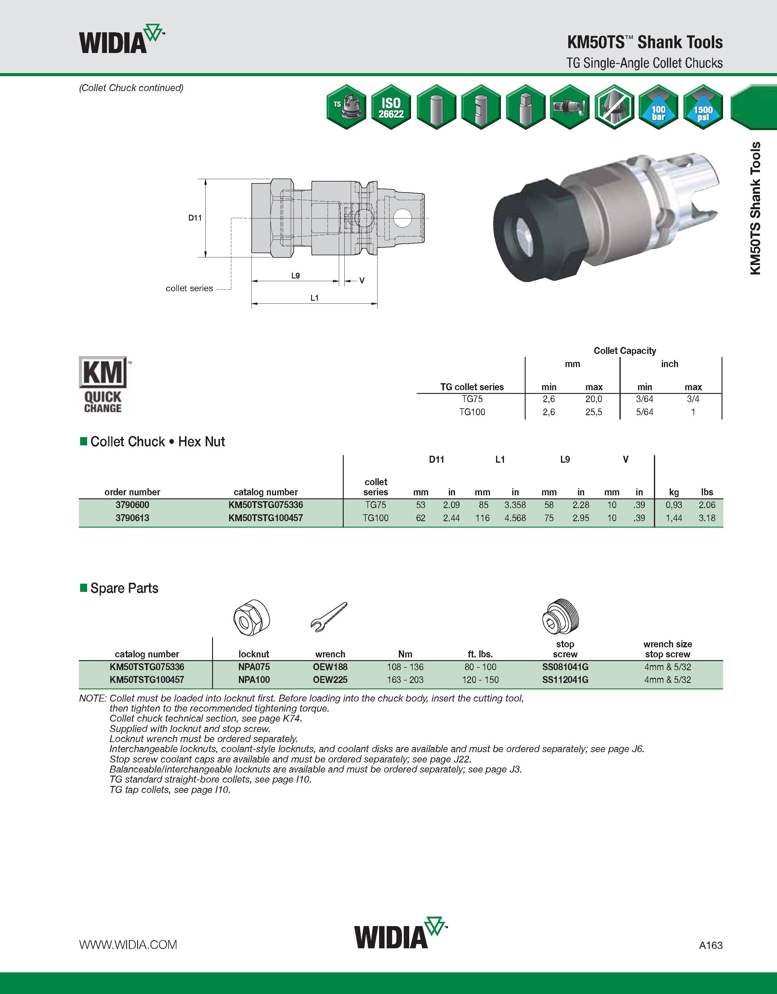 173 WIDIA KM50TS Shank Tools TG Single-Angle Collet Chucks (Collet Chuck continued) collet series - 006 KMl QUICK CHANGE Collet Capacity I Collet Chu Каталог WIDIA 2011 Инструментальная оснастка для металлорежущих станков Вспомогательный инструмент для оборудования Адаптеры Насадки Оправки Патроны Стр. A163 ENG
