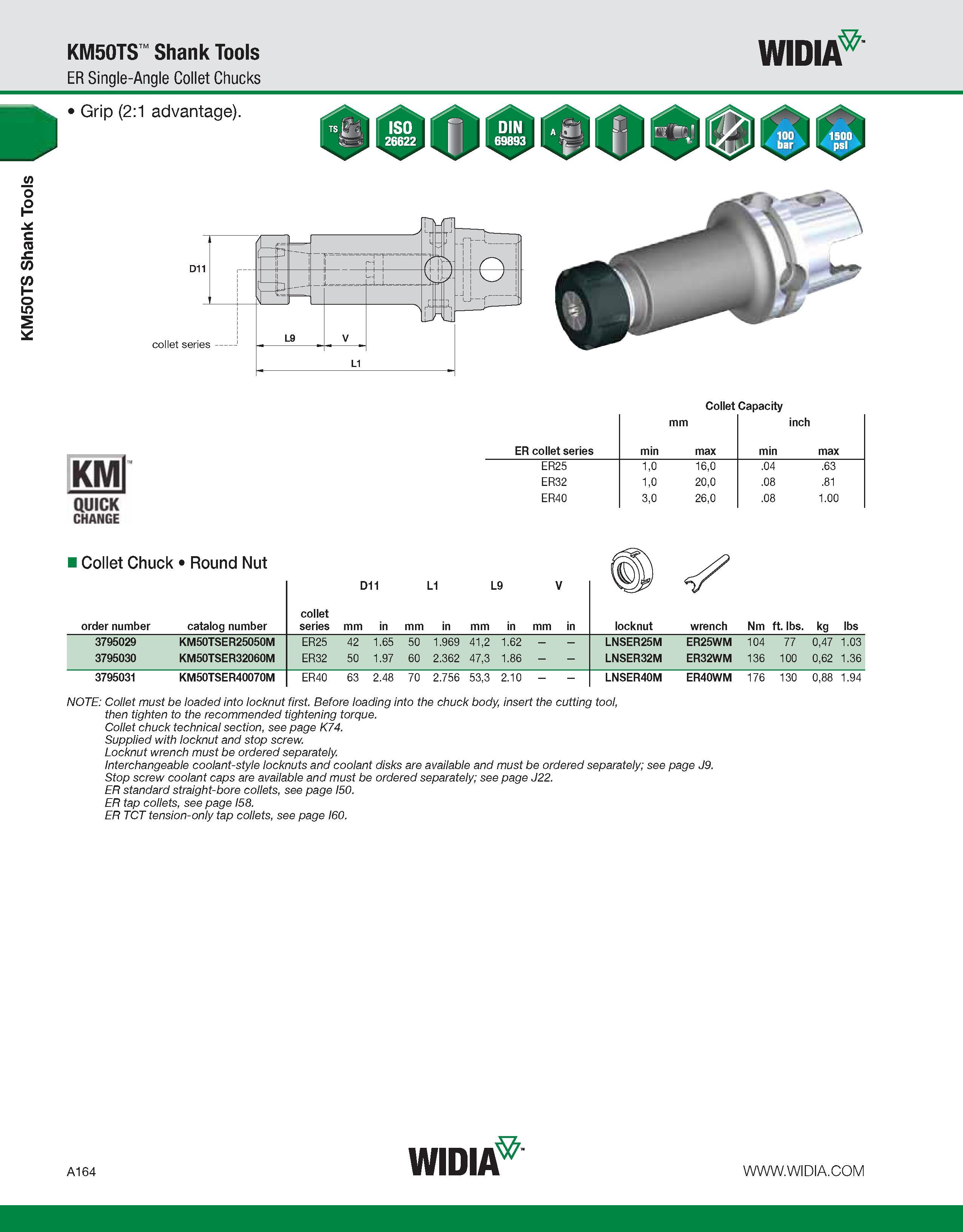 174 KM50TS Shank Tools KM50TS Shank Tools ER Single-Angle Collet Chucks WIDIA Collet Capacity KMl QUICK CHANGE ER collet series min mm max min inch m Каталог WIDIA 2011 Инструментальная оснастка для металлорежущих станков Вспомогательный инструмент для оборудования Адаптеры Насадки Оправки Патроны Стр. A164 ENG