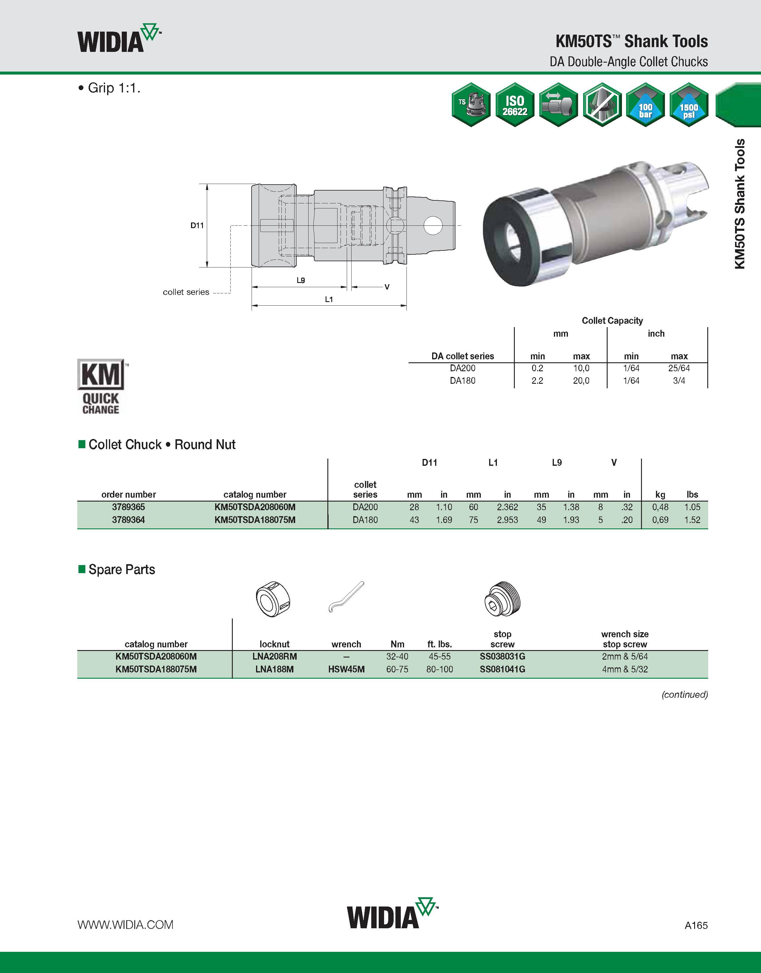 175 WIDIA KM50TS Shank Tools DA Double-Angle Collet Chucks Grip 1:1 Collet Capacity KMl QUICK CHANGE DA collet series min mm max min inch max DA200 0 Каталог WIDIA 2011 Инструментальная оснастка для металлорежущих станков Вспомогательный инструмент для оборудования Адаптеры Насадки Оправки Патроны Стр. A165 ENG