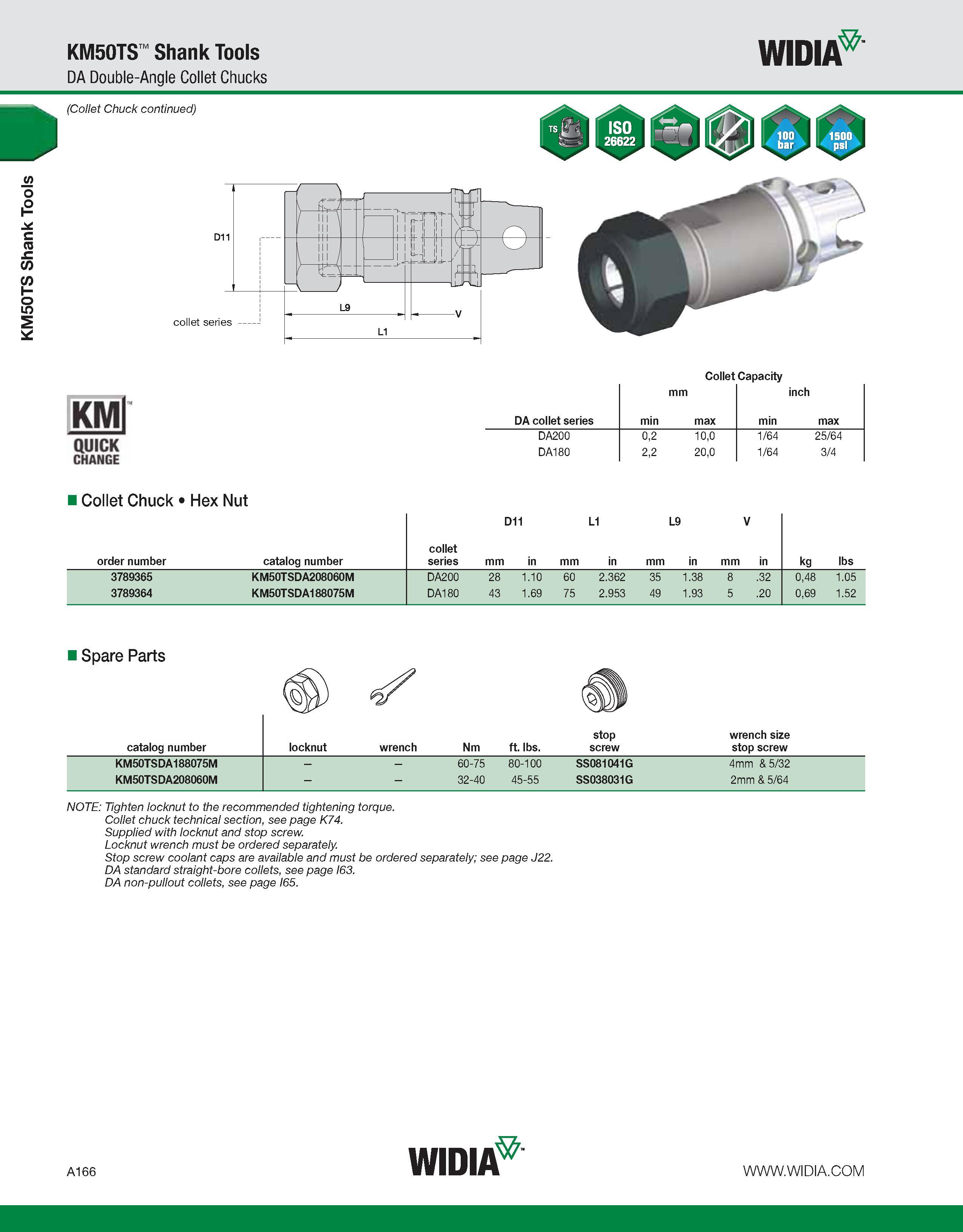 176 KM50TS Shank Tools KM50TS Shank Tools DA Double-Angle Collet Chucks WIDIA (Collet Chuck continued) Collet Capacity KMl QUICK CHANGE DA collet ser Каталог WIDIA 2011 Инструментальная оснастка для металлорежущих станков Вспомогательный инструмент для оборудования Адаптеры Насадки Оправки Патроны Стр. A166 ENG