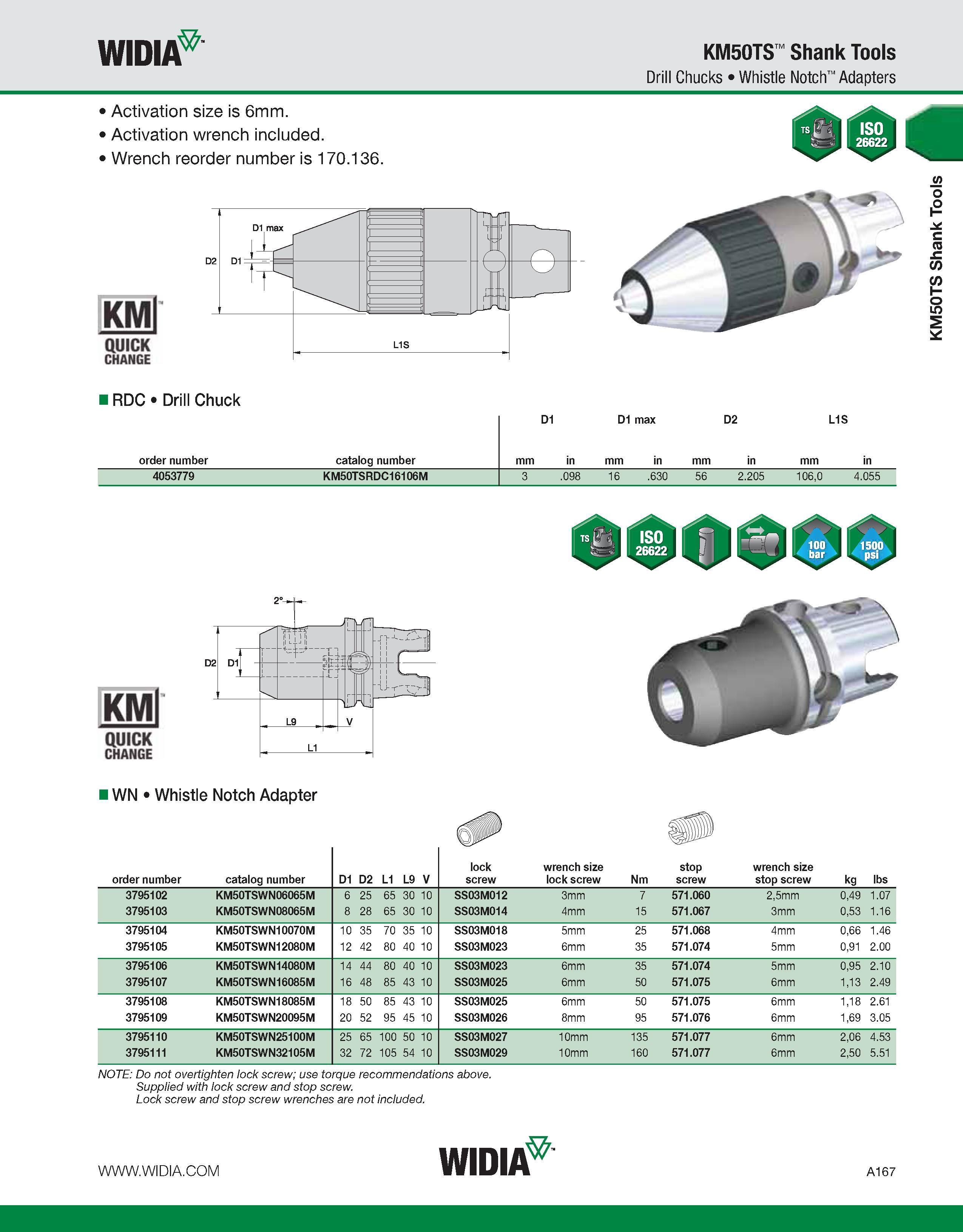 177 WIDIA KM50TS Shank Tools Drill Chucks Whistle Notch Adapters Activation size is 6mm Activation wrench included Wrench reorder number is 170 136 K Каталог WIDIA 2011 Инструментальная оснастка для металлорежущих станков Вспомогательный инструмент для оборудования Адаптеры Насадки Оправки Патроны Стр. A167 ENG