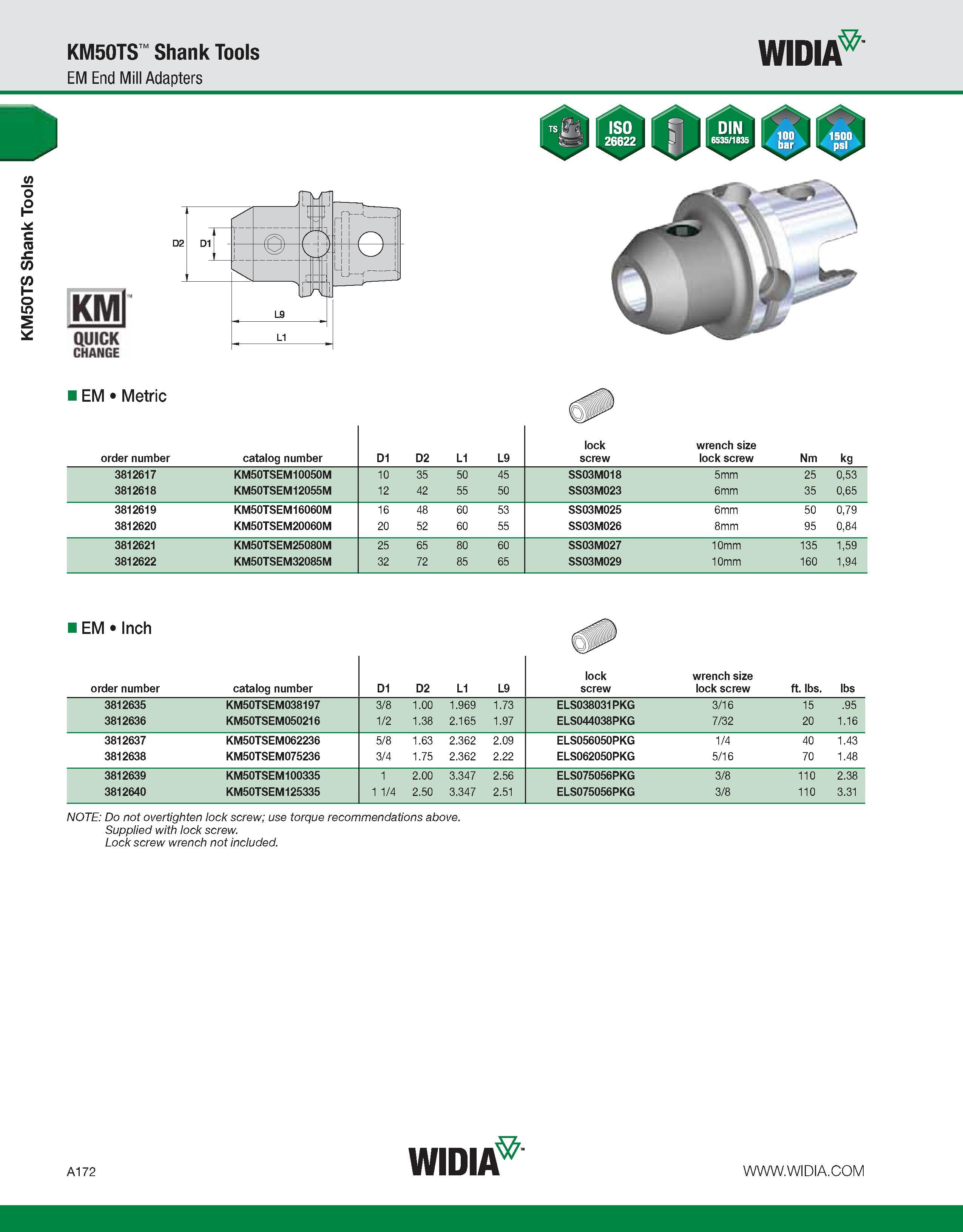 182 KM50TS Shank Tools KM50TS Shank Tools EM End Mill Adapters WIDIA KMl QUICK CHANGE EM Metric order number catalog number D1 D2 L1 L9 lock screw wr Каталог WIDIA 2011 Инструментальная оснастка для металлорежущих станков Вспомогательный инструмент для оборудования Адаптеры Насадки Оправки Патроны Стр. A172 ENG