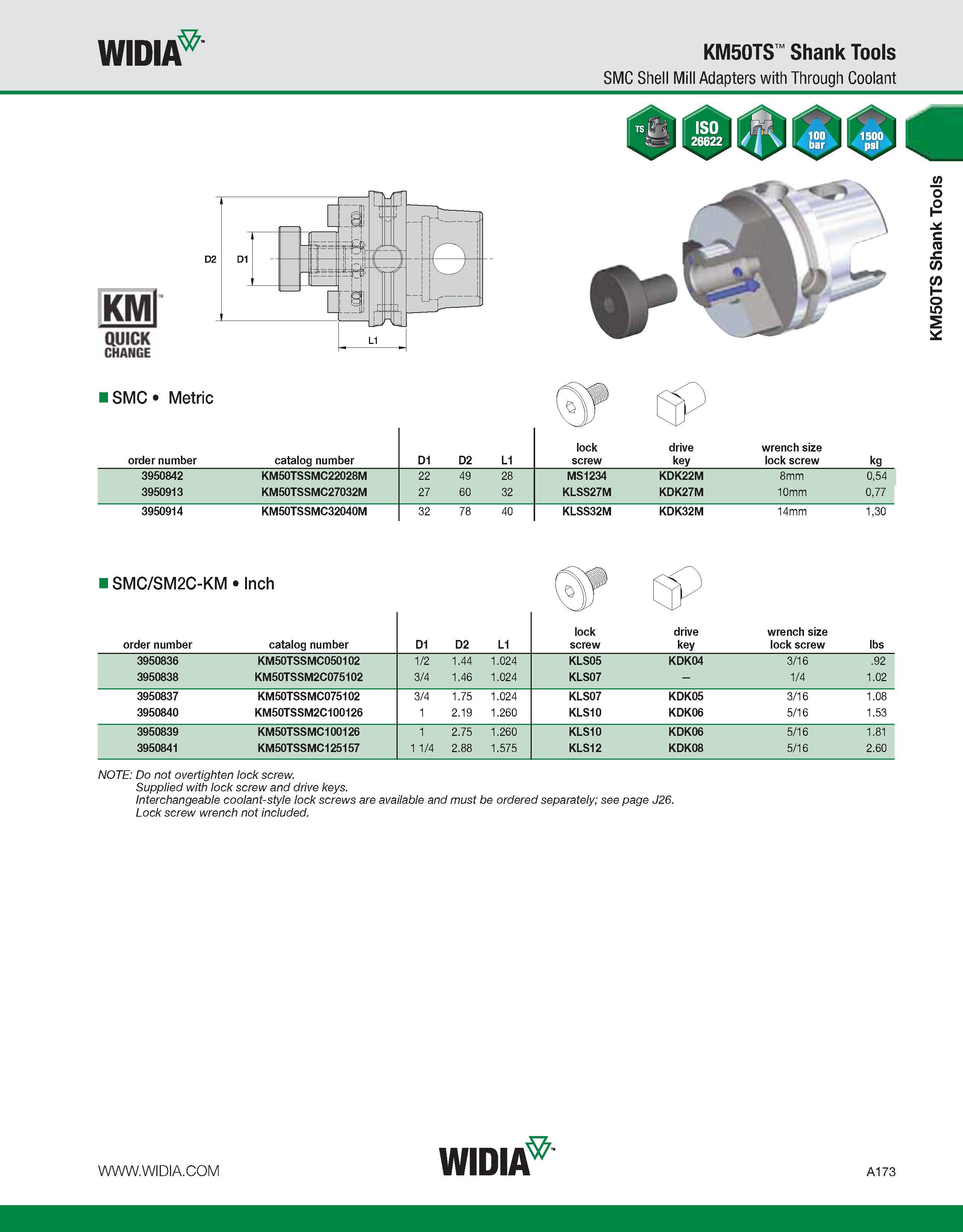 183 WIDIA KM50TS Shank Tools SMC Shell Mill Adapters with Through Coolant i SMC Metric lock drive wrench size order number catalog number D1 D2 L1 sc Каталог WIDIA 2011 Инструментальная оснастка для металлорежущих станков Вспомогательный инструмент для оборудования Адаптеры Насадки Оправки Патроны Стр. A173 ENG