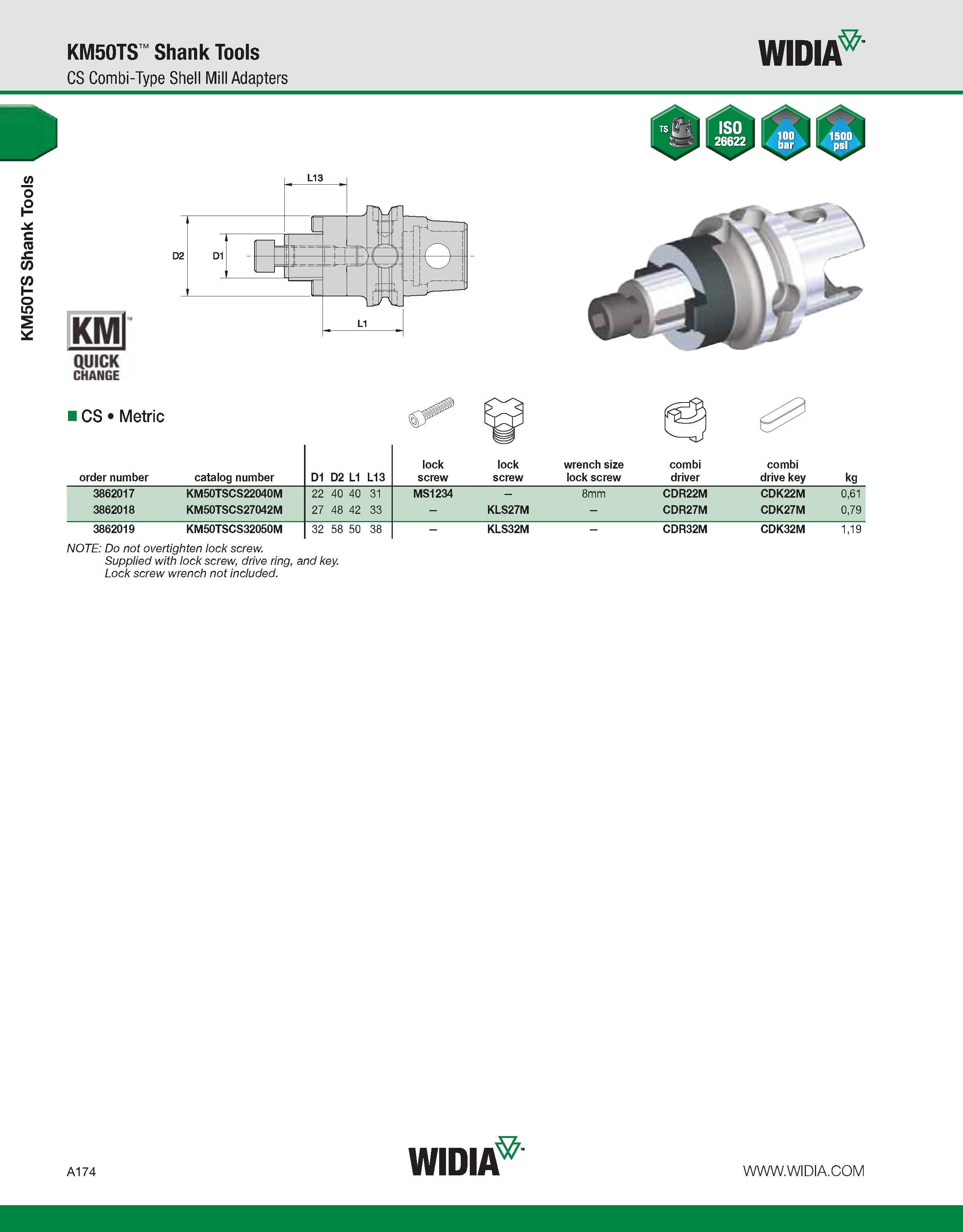 184 KM50TS Shank Tools KM50TS Shank Tools CS Combi-Type Shell Mill Adapters WIDIA KMl QUICK CHANGE CS Metric lock lock wrench size combi combi order Каталог WIDIA 2011 Инструментальная оснастка для металлорежущих станков Вспомогательный инструмент для оборудования Адаптеры Насадки Оправки Патроны Стр. A174 ENG