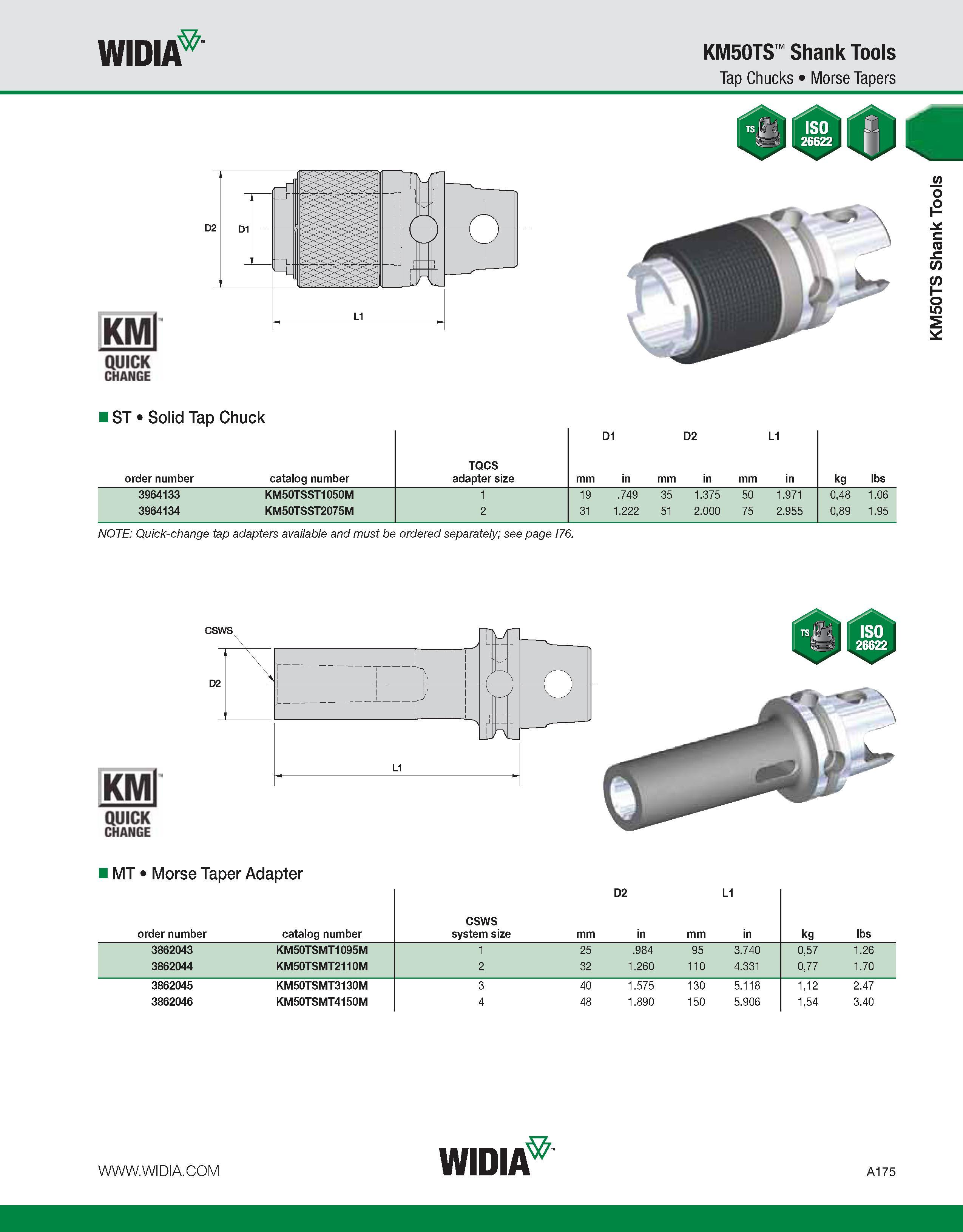 185 WIDIA KM50TS Shank Tools Tap Chucks Morse Tapers KMl QUICK CHANGE I ST Solid Tap Chuck order number catalog number TQCS adapter size mm D1 in mm Каталог WIDIA 2011 Инструментальная оснастка для металлорежущих станков Вспомогательный инструмент для оборудования Адаптеры Насадки Оправки Патроны Стр. A175 ENG