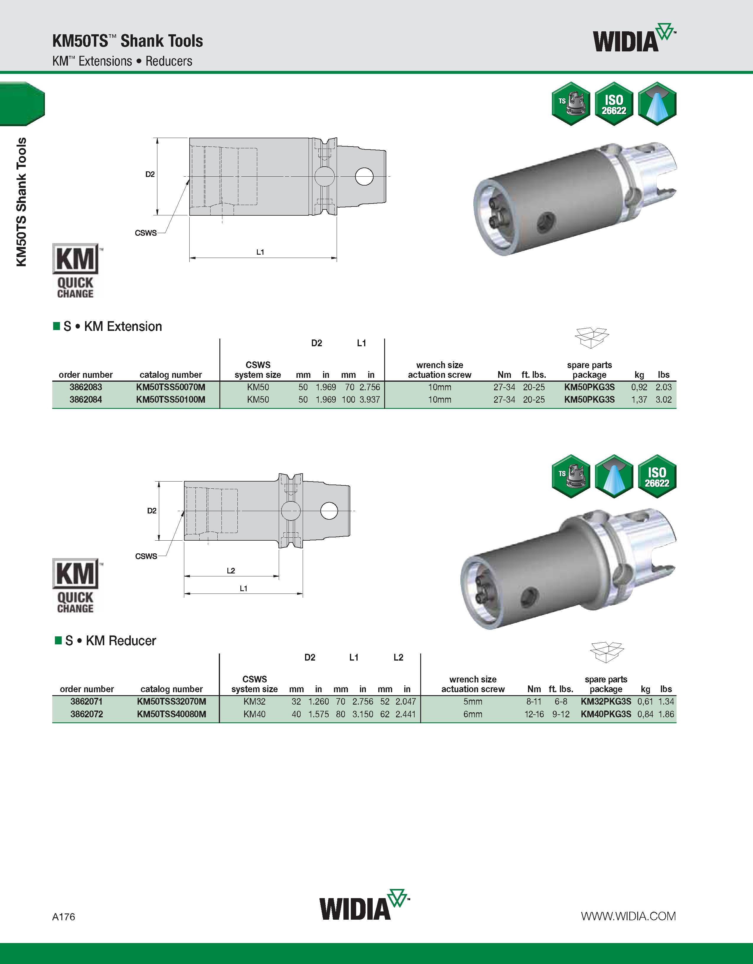 186 KM50TS Shank Tools KM50TS Shank Tools KM Extensions Reducers WIDIA KMl QUICK CHANGE IS KM Extension D2 L1 order number catalog number CSWS system Каталог WIDIA 2011 Инструментальная оснастка для металлорежущих станков Вспомогательный инструмент для оборудования Адаптеры Насадки Оправки Патроны Стр. A176 ENG