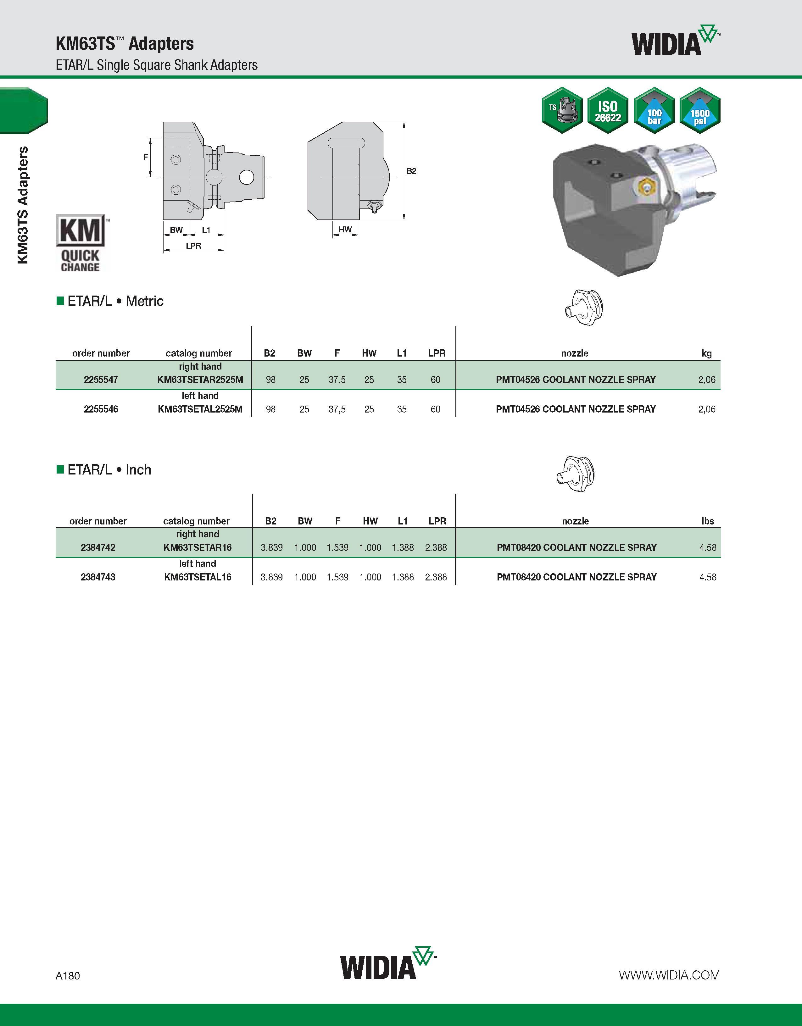 190 KM63TS Adapters KM63TS Adapters ETAR/L Single Square Shank Adapters WIDIA KMl QUICK CHANGE ETAR/L Metric order number catalog number B2 BW F HW L Каталог WIDIA 2011 Инструментальная оснастка для металлорежущих станков Вспомогательный инструмент для оборудования Адаптеры Насадки Оправки Патроны Стр. A180 ENG