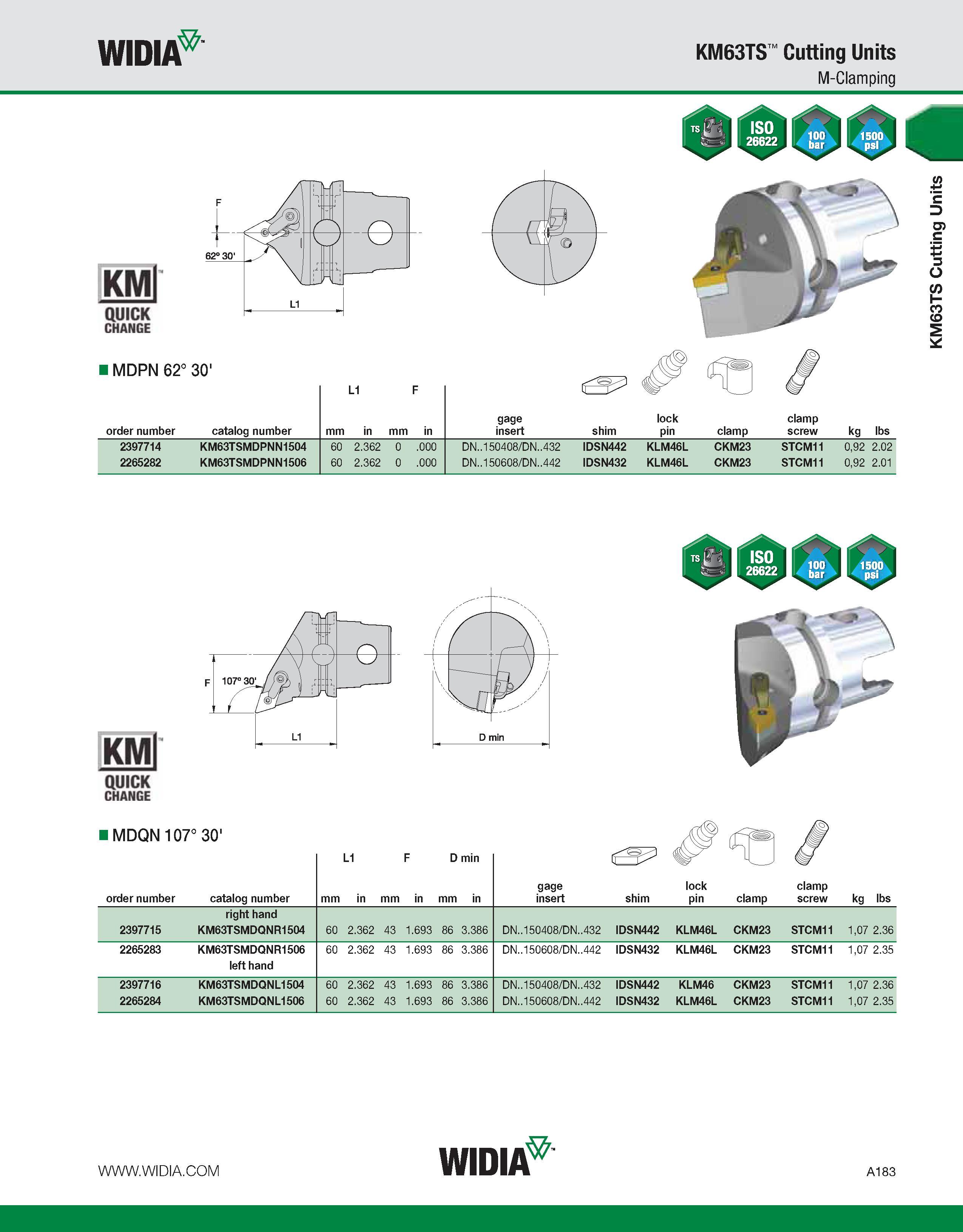 193 WIDIA KM63TS Cutting Units M-Clamping KMl QUICK CHANGE I MDPN 62° 30' order number catalog number L1 gage insert shim lock pin clamp clamp screw Каталог WIDIA 2011 Инструментальная оснастка для металлорежущих станков Вспомогательный инструмент для оборудования Адаптеры Насадки Оправки Патроны Стр. A183 ENG