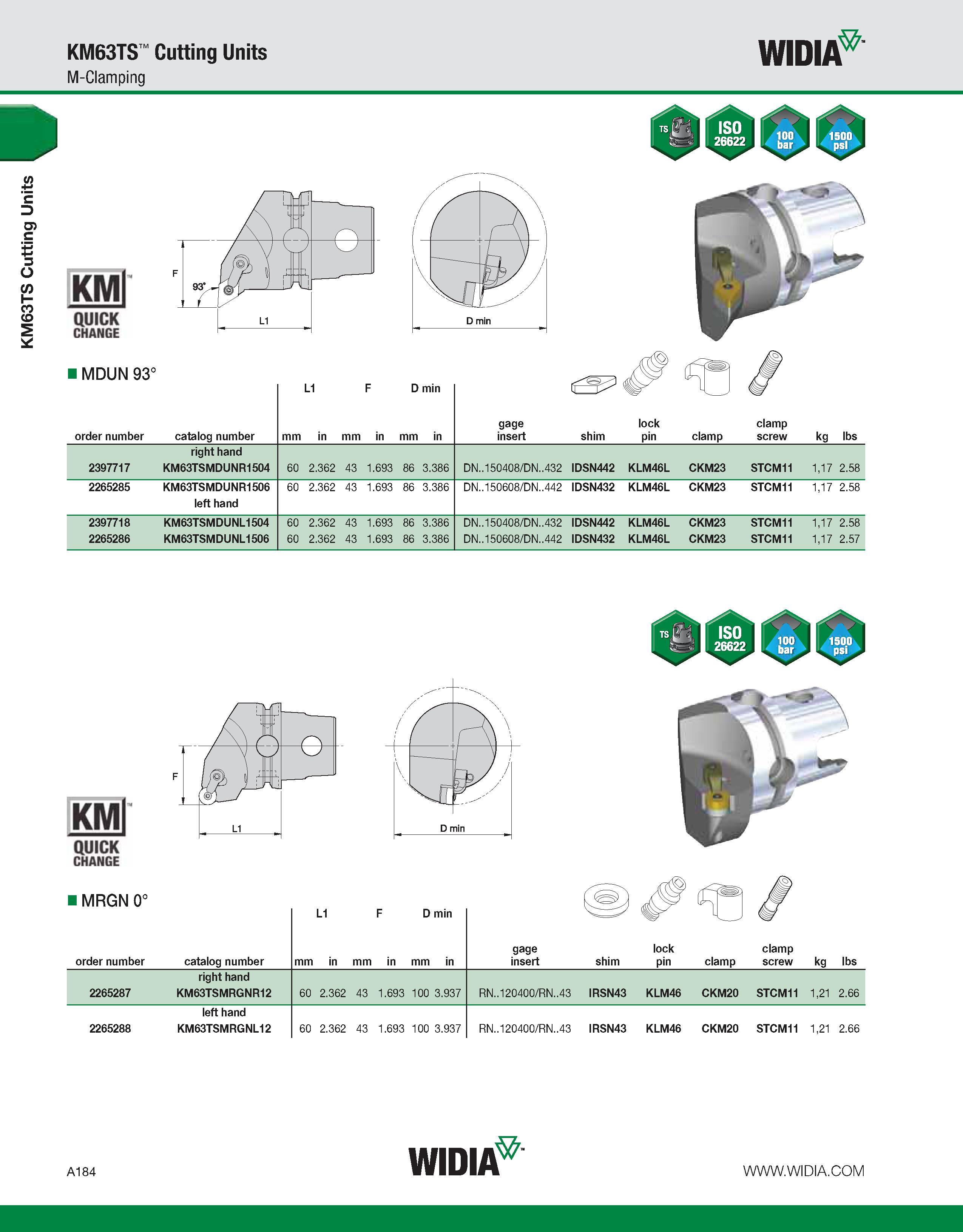 194 KM63TS Cutting Units KM63TS Cutting Units M-Clamping WIDIA KMl QUICK CHANGE MDUN 93° L1 F D min U order number catalog number mm in mm in mm in g Каталог WIDIA 2011 Инструментальная оснастка для металлорежущих станков Вспомогательный инструмент для оборудования Адаптеры Насадки Оправки Патроны Стр. A184 ENG