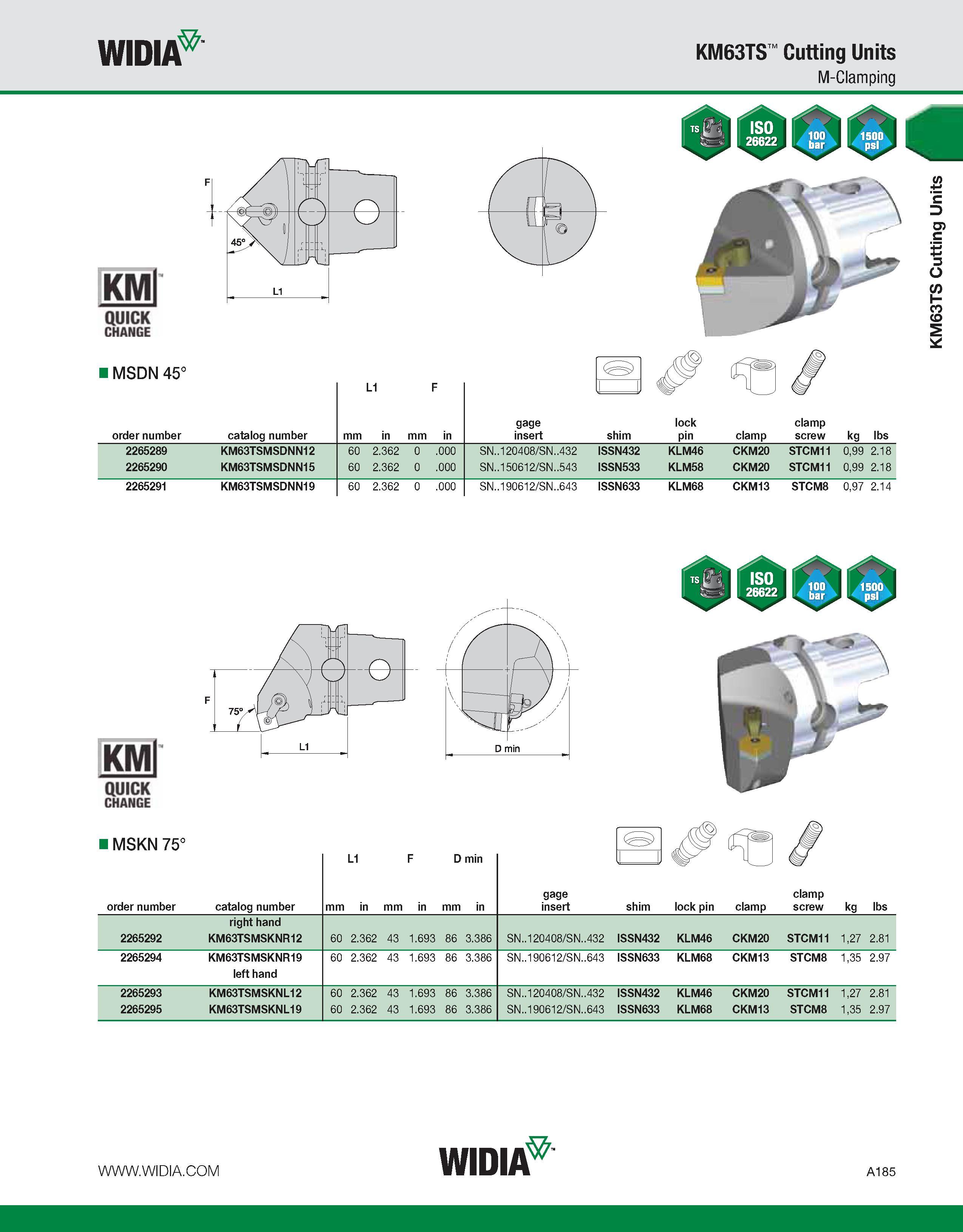 195 WIDIA KM63TS Cutting Units M-Clamping KMl QUICK CHANGE I MSDN 45° order number ( i 45° X L1 r catalog number L1 gage insert shim lock pin clamp c Каталог WIDIA 2011 Инструментальная оснастка для металлорежущих станков Вспомогательный инструмент для оборудования Адаптеры Насадки Оправки Патроны Стр. A185 ENG