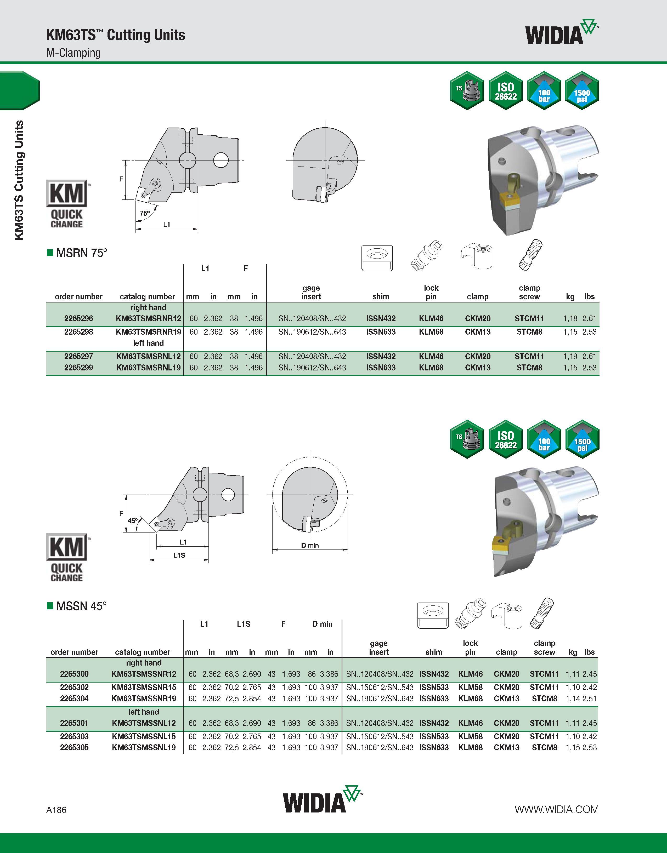 196 KM63TS Cutting Units KM63TS Cutting Units M-Clamping WIDIA & KMl QUICK CHANGE MSRN 75° L1 order number catalog number mm in mm in gage insert shi Каталог WIDIA 2011 Инструментальная оснастка для металлорежущих станков Вспомогательный инструмент для оборудования Адаптеры Насадки Оправки Патроны Стр. A186 ENG