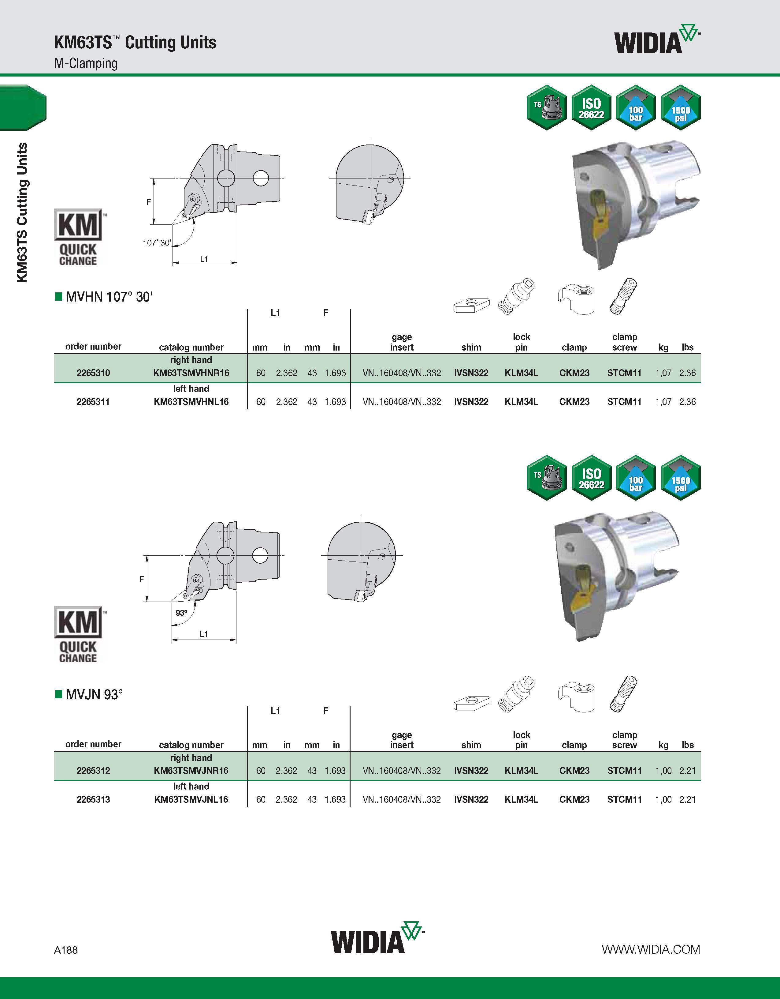 198 KM63TS Cutting Units KM63TS Cutting Units M-Clamping WIDIA KMl QUICK CHANGE MVHN 107° 30' L1 F order number catalog number mm in mm in gage inser Каталог WIDIA 2011 Инструментальная оснастка для металлорежущих станков Вспомогательный инструмент для оборудования Адаптеры Насадки Оправки Патроны Стр. A188 ENG