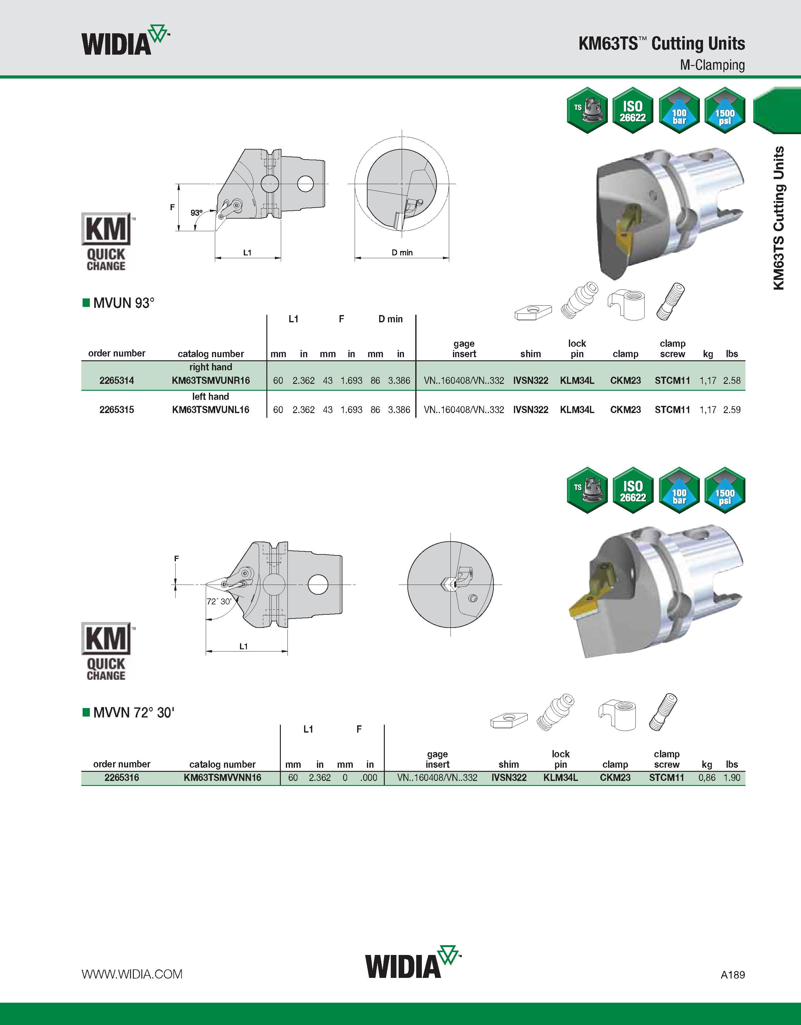 199 WIDIA KM63TS Cutting Units M-Clamping KMl QUICK CHANGE I MVUN 93° order number catalog number mm L1 in mm F in D min mm in gage insert shim lock Каталог WIDIA 2011 Инструментальная оснастка для металлорежущих станков Вспомогательный инструмент для оборудования Адаптеры Насадки Оправки Патроны Стр. A189 ENG