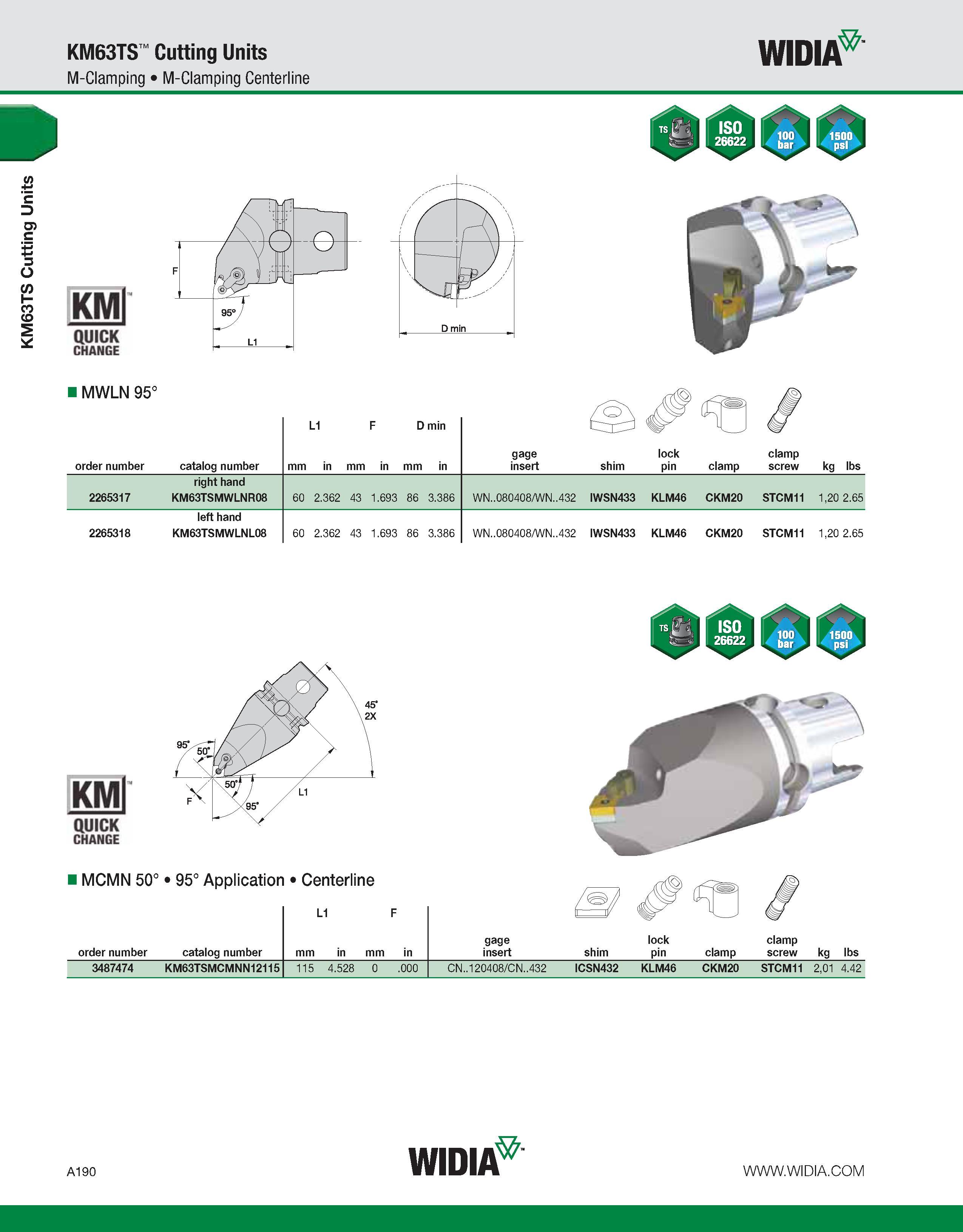 200 KM63TS Cutting Units KM63TS Cutting Units M-Clamping M-Clamping Centerline WIDIA KMl QUICK CHANGE MWLN 95° O' L1 F D min to order number catalog Каталог WIDIA 2011 Инструментальная оснастка для металлорежущих станков Вспомогательный инструмент для оборудования Адаптеры Насадки Оправки Патроны Стр. A190 ENG