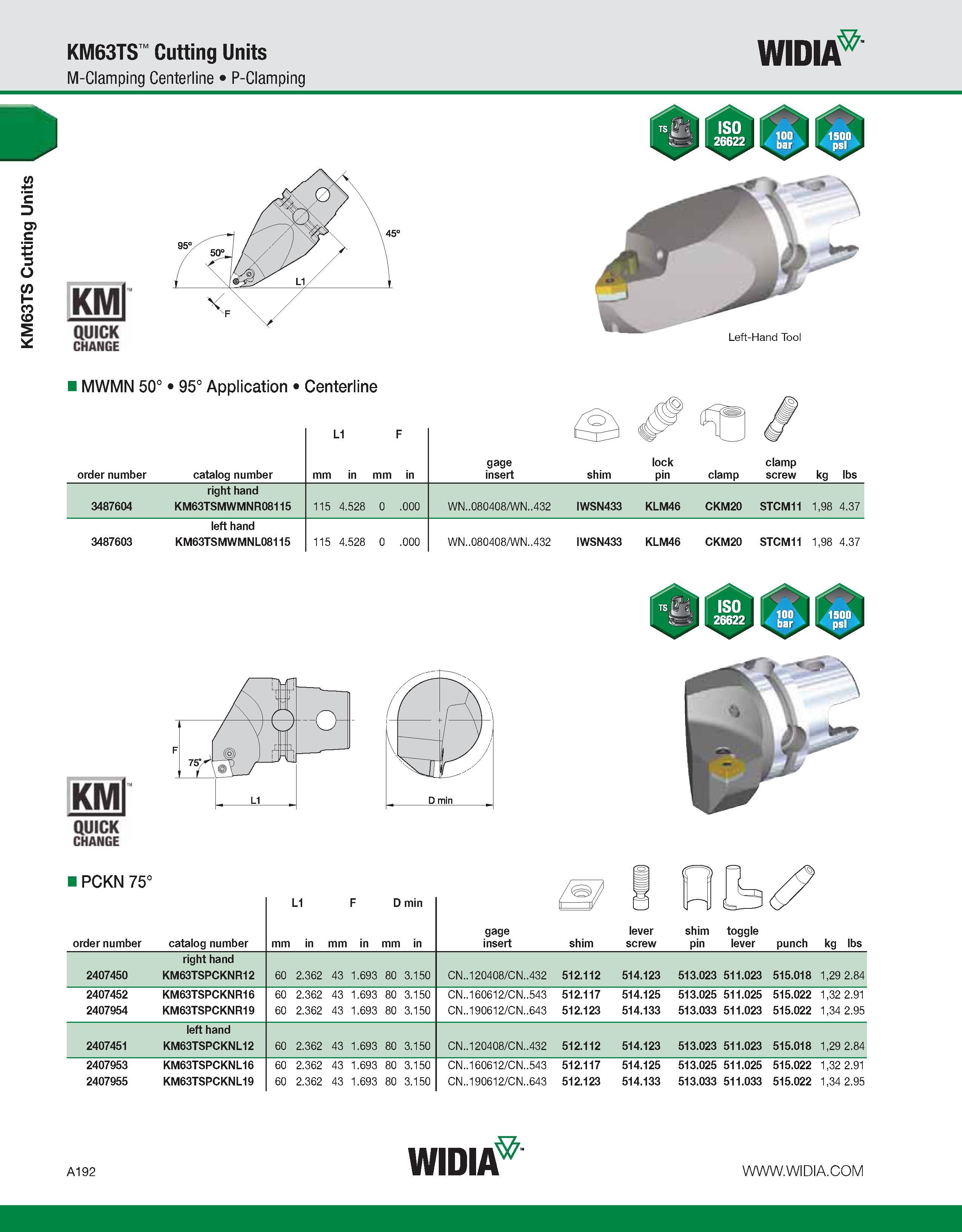 202 KM63TS Cutting Units KM63TS Cutting Units M-Clamping Centerline P-Clamping WIDIA KMl QUICK CHANGE Left-Hand Tool MWMN 50° 95° Application Centerl Каталог WIDIA 2011 Инструментальная оснастка для металлорежущих станков Вспомогательный инструмент для оборудования Адаптеры Насадки Оправки Патроны Стр. A192 ENG