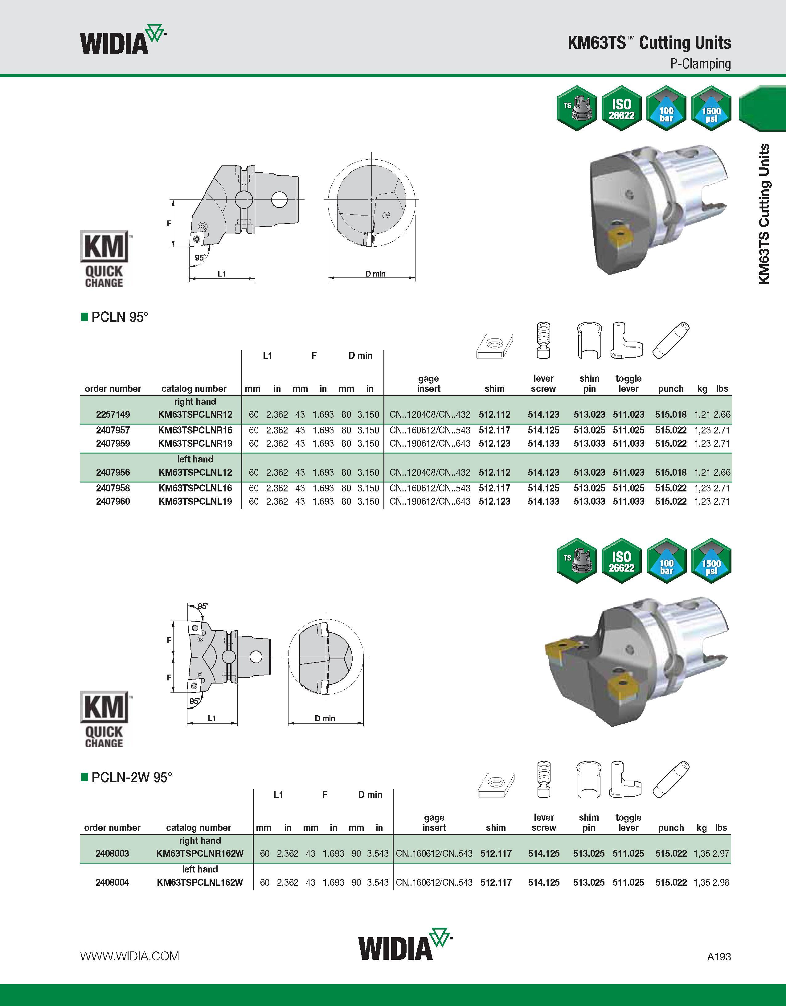 203 WIDIA KM63TS Cutting Units P-Clamping KMl QUICK CHANGE KMl QUICK CHANGE I PCLN-2W 95° order number catalog number L1 F D min mm in mm in mm in ga Каталог WIDIA 2011 Инструментальная оснастка для металлорежущих станков Вспомогательный инструмент для оборудования Адаптеры Насадки Оправки Патроны Стр. A193 ENG