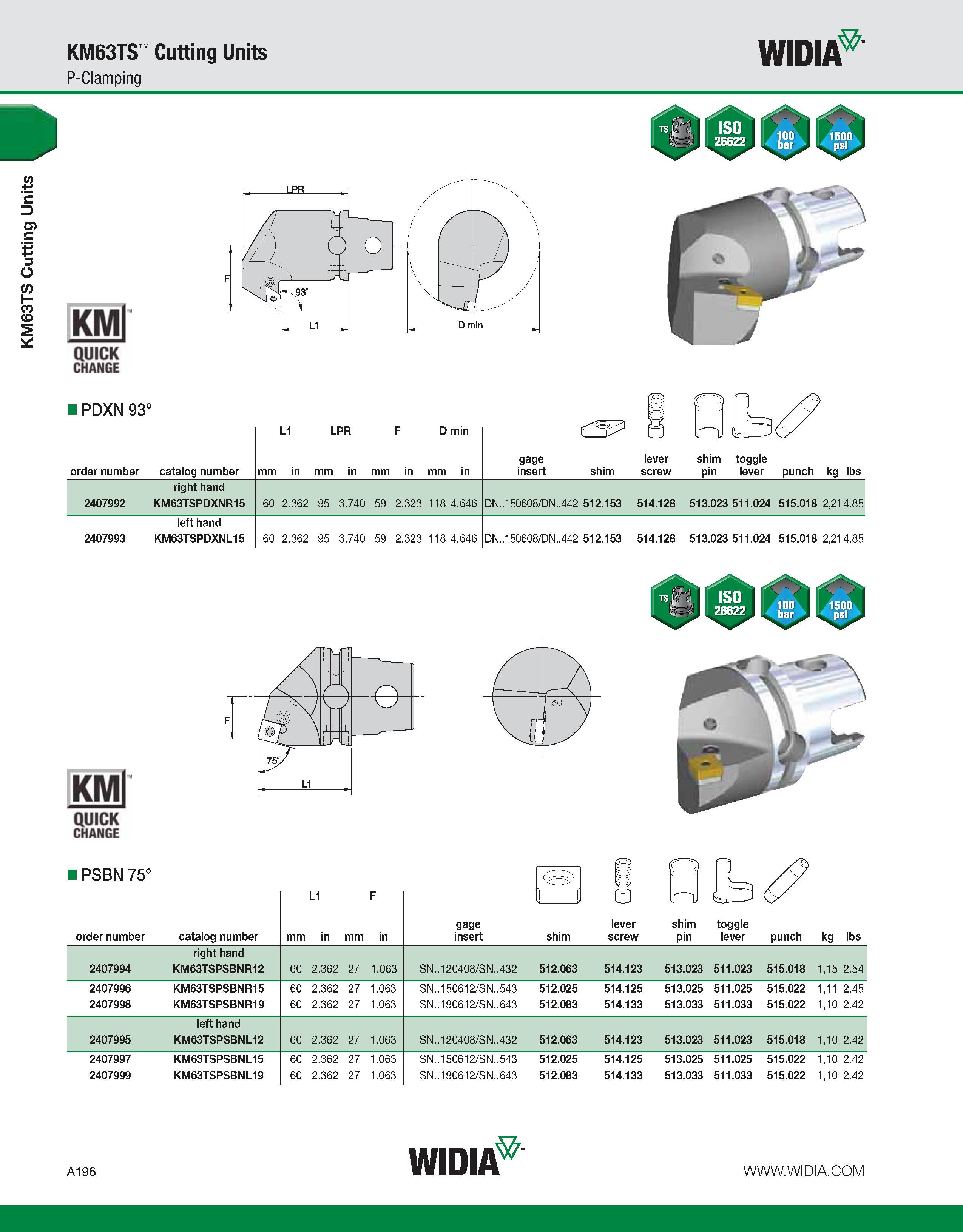 206 KM63TS Cutting Units KM63TS Cutting Units P-Clamping WIDIA KMl QUICK CHANGE PDXN 93° order number catalog number L1 LPR F D min mm in mm in mm in Каталог WIDIA 2011 Инструментальная оснастка для металлорежущих станков Вспомогательный инструмент для оборудования Адаптеры Насадки Оправки Патроны Стр. A196 ENG