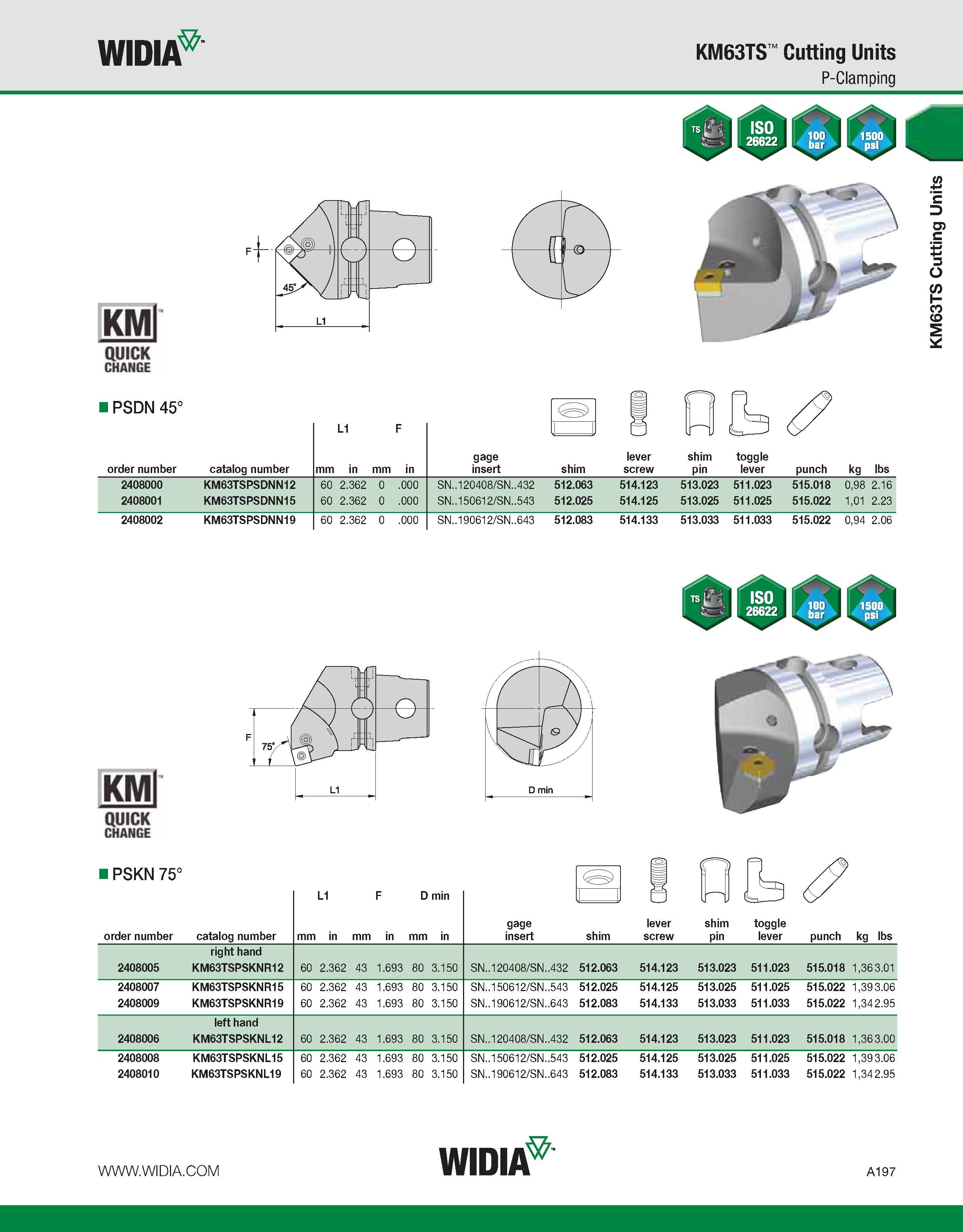 207 WIDIA KM63TS Cutting Units P-Clamping KMl QUICK CHANGE I PSDN 45° L1 F order number catalog number mm in mm in gage insert 2408000 KM63TSPSDNN12 Каталог WIDIA 2011 Инструментальная оснастка для металлорежущих станков Вспомогательный инструмент для оборудования Адаптеры Насадки Оправки Патроны Стр. A197 ENG