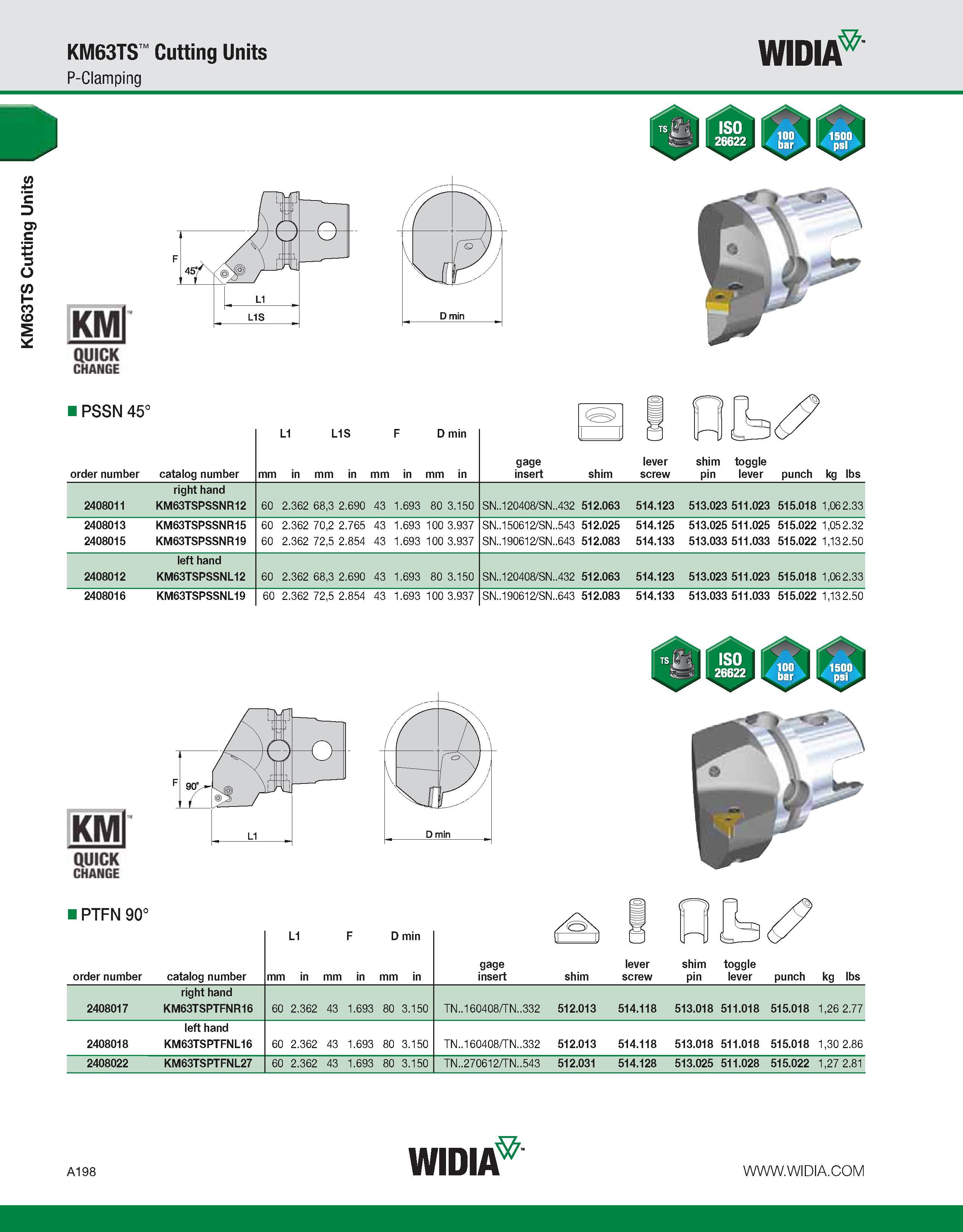 208 KM63TS Cutting Units KM63TS Cutting Units P-Clamping WIDIA KMl QUICK CHANGE PSSN 45° order number catalog number L1 L1S D min mm in mm in mm in m Каталог WIDIA 2011 Инструментальная оснастка для металлорежущих станков Вспомогательный инструмент для оборудования Адаптеры Насадки Оправки Патроны Стр. A198 ENG