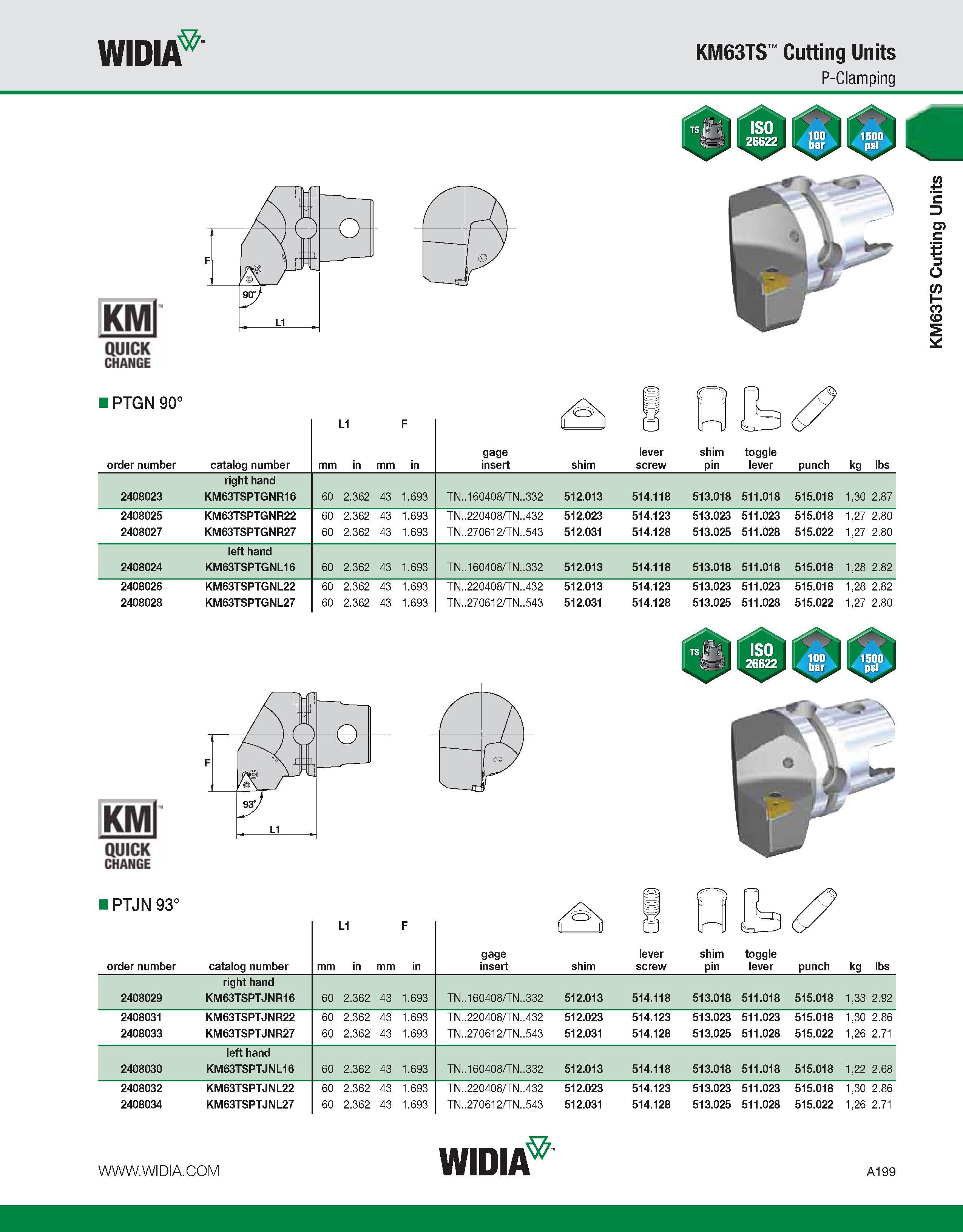209 WIDIA KM63TS Cutting Units P-Clamping KMl QUICK CHANGE I PTGN 90° order number catalog number L1 gage insert shim lever screw shim pin toggle lev Каталог WIDIA 2011 Инструментальная оснастка для металлорежущих станков Вспомогательный инструмент для оборудования Адаптеры Насадки Оправки Патроны Стр. A199 ENG
