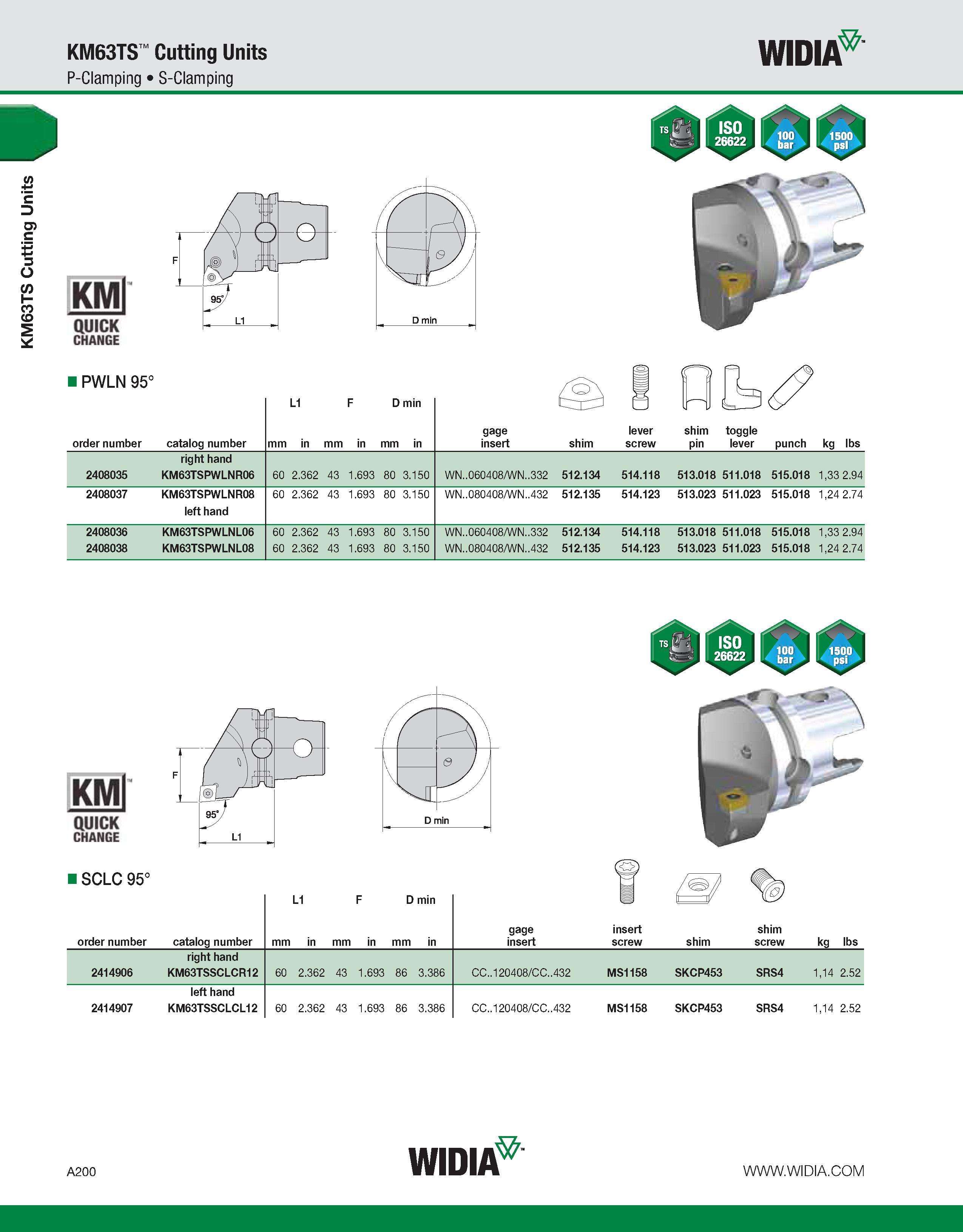 210 KM63TS Cutting Units KM63TS Cutting Units P-Clamping S-Clamping WIDIA KMl QUICK CHANGE PWLN 95° order number catalog number L1 D min mm in mm in Каталог WIDIA 2011 Инструментальная оснастка для металлорежущих станков Вспомогательный инструмент для оборудования Адаптеры Насадки Оправки Патроны Стр. A200 ENG