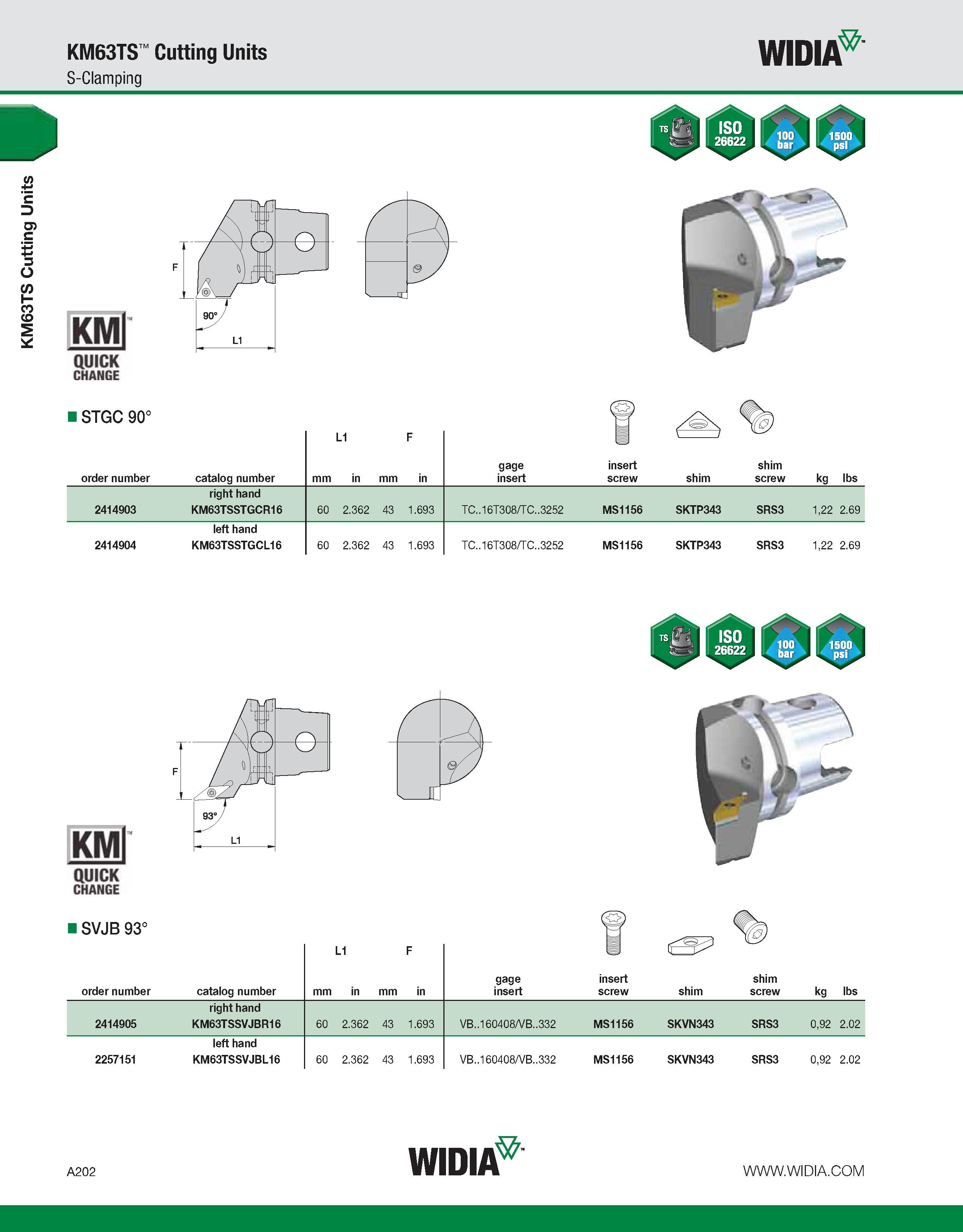 212 KM63TS Cutting Units KM63TS Cutting Units S-Clamping WIDIA KMl QUICK CHANGE STGC 90° /Qk order number catalog number mm L1 in mm F in gage insert Каталог WIDIA 2011 Инструментальная оснастка для металлорежущих станков Вспомогательный инструмент для оборудования Адаптеры Насадки Оправки Патроны Стр. A202 ENG
