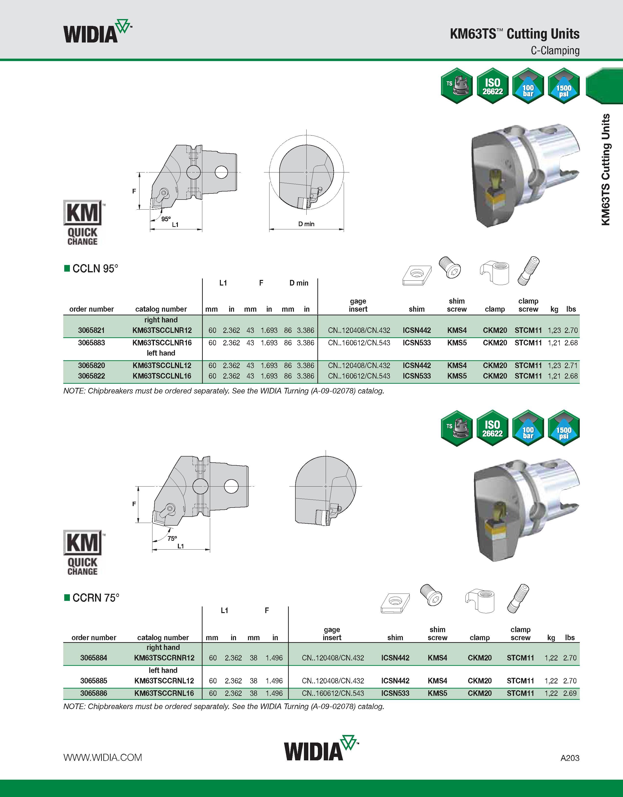 213 WIDIA KM63TS Cutting Units C-Clamping KMl QUICK CHANGE ICCLN 95° order number catalog number L1 D min mm in mm in mm in gage insert shim shim scr Каталог WIDIA 2011 Инструментальная оснастка для металлорежущих станков Вспомогательный инструмент для оборудования Адаптеры Насадки Оправки Патроны Стр. A203 ENG