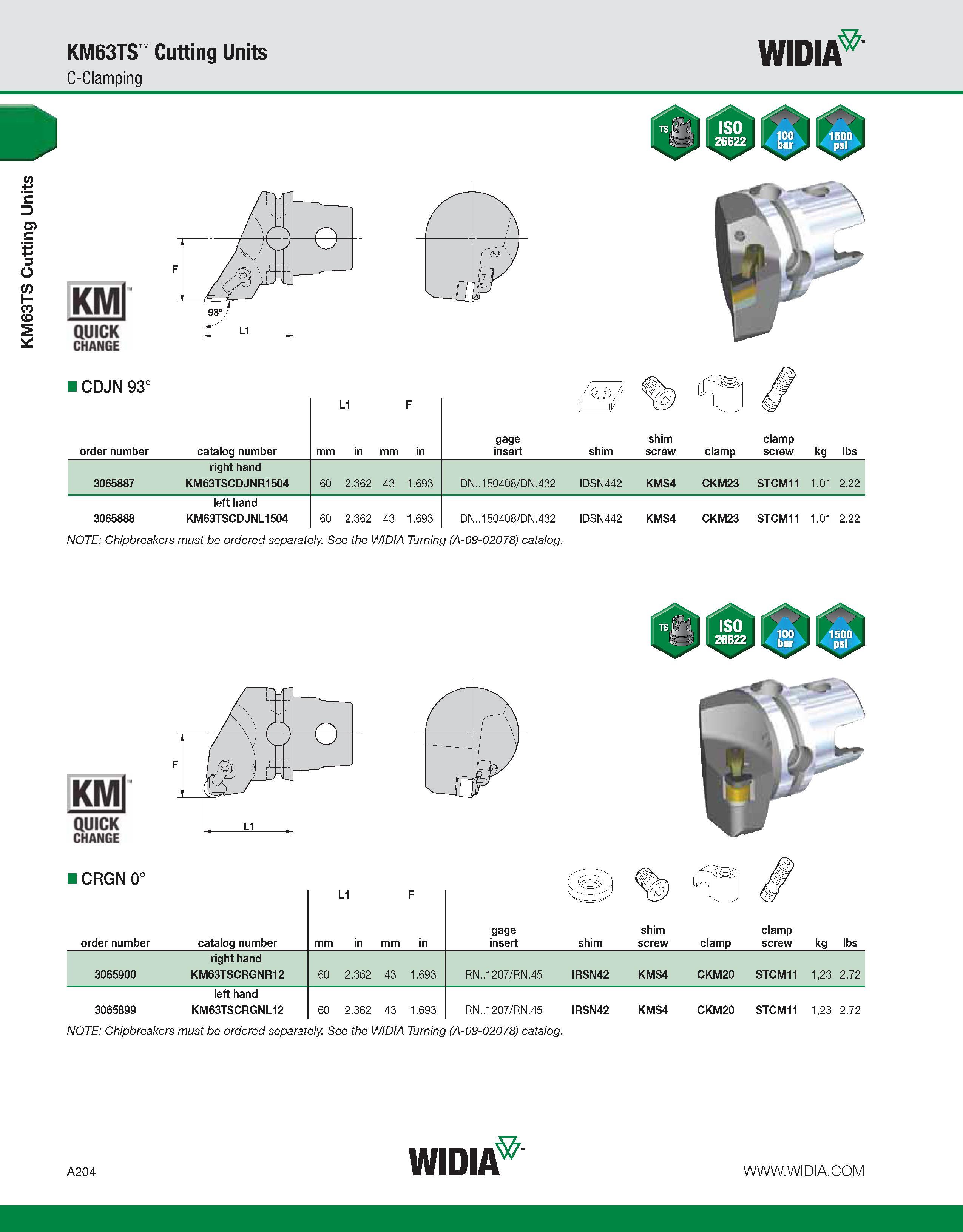 214 KM63TS Cutting Units KM63TS Cutting Units C-Clamping WIDIA KMl QUICK CHANGE CDJN 93° L1 F order number catalog number mm in mm in gage insert shi Каталог WIDIA 2011 Инструментальная оснастка для металлорежущих станков Вспомогательный инструмент для оборудования Адаптеры Насадки Оправки Патроны Стр. A204 ENG