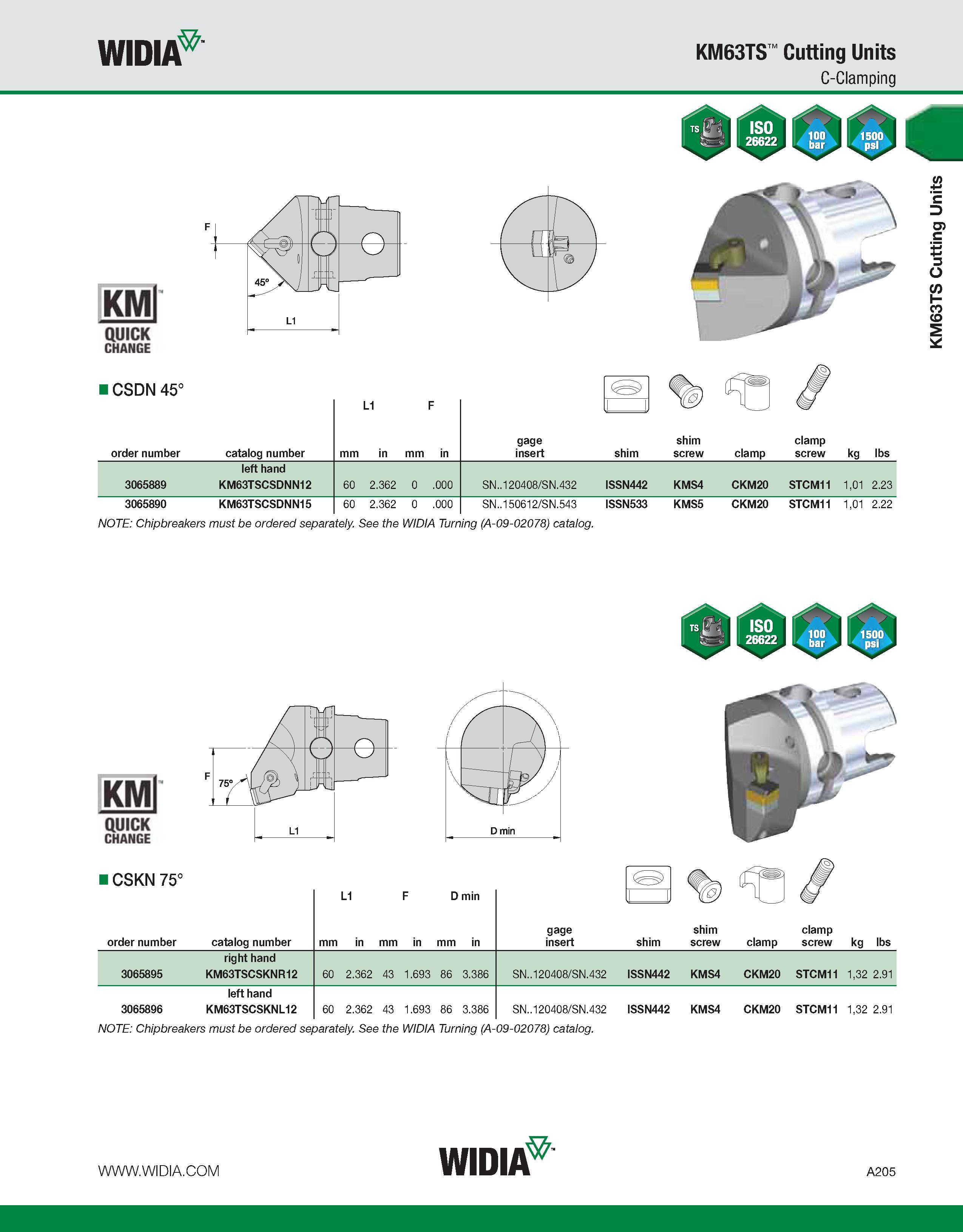 215 WIDIA KM63TS Cutting Units C-Clamping KMl QUICK CHANGE ICSDN 45° order number catalog number L1 gage insert shim shim screw clamp clamp screw kg Каталог WIDIA 2011 Инструментальная оснастка для металлорежущих станков Вспомогательный инструмент для оборудования Адаптеры Насадки Оправки Патроны Стр. A205 ENG