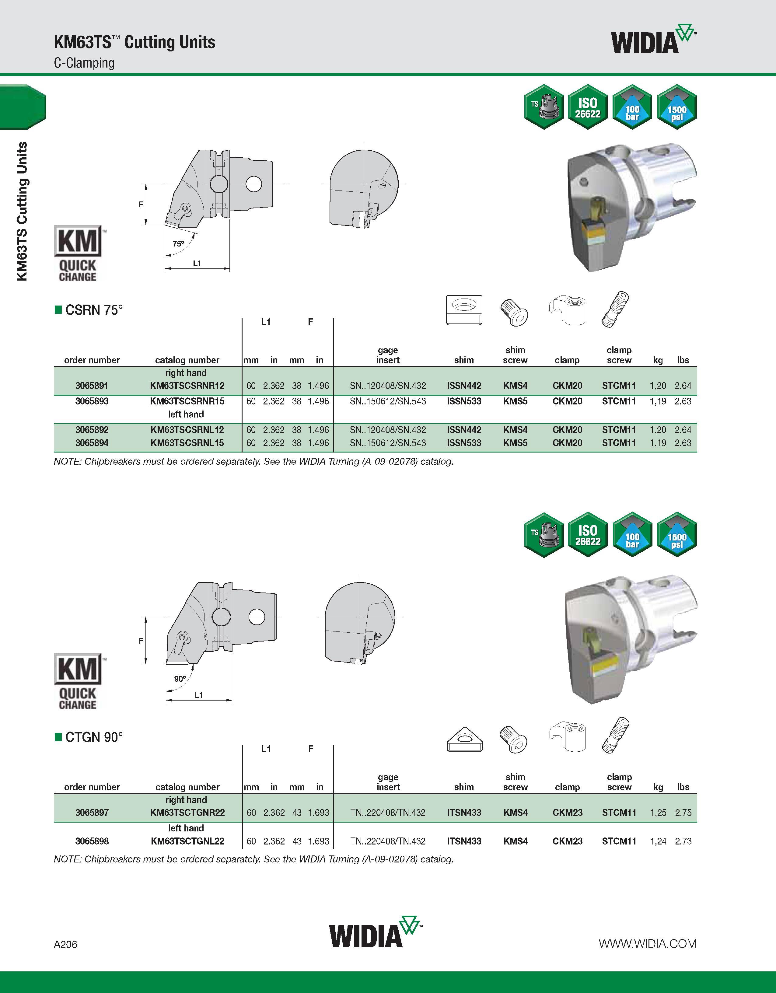 216 KM63TS Cutting Units KM63TS Cutting Units C-Clamping WIDIA KMl QUICK CHANGE CSRN 75° Jr L1 F ij order number catalog number mm in mm in gage inse Каталог WIDIA 2011 Инструментальная оснастка для металлорежущих станков Вспомогательный инструмент для оборудования Адаптеры Насадки Оправки Патроны Стр. A206 ENG