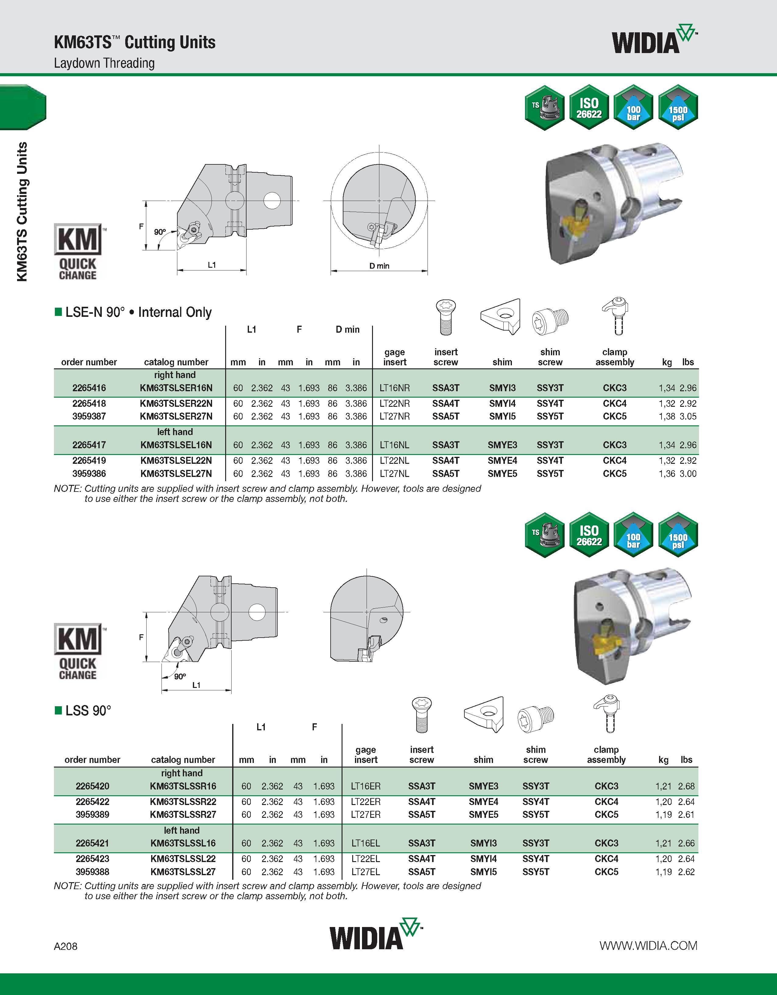 218 KM63TS Cutting Units KM63TS Cutting Units Laydown Threading WIDIA KMl QUICK CHANGE NOTE: Cutting units are supplied with insert screw and clamp a Каталог WIDIA 2011 Инструментальная оснастка для металлорежущих станков Вспомогательный инструмент для оборудования Адаптеры Насадки Оправки Патроны Стр. A208 ENG