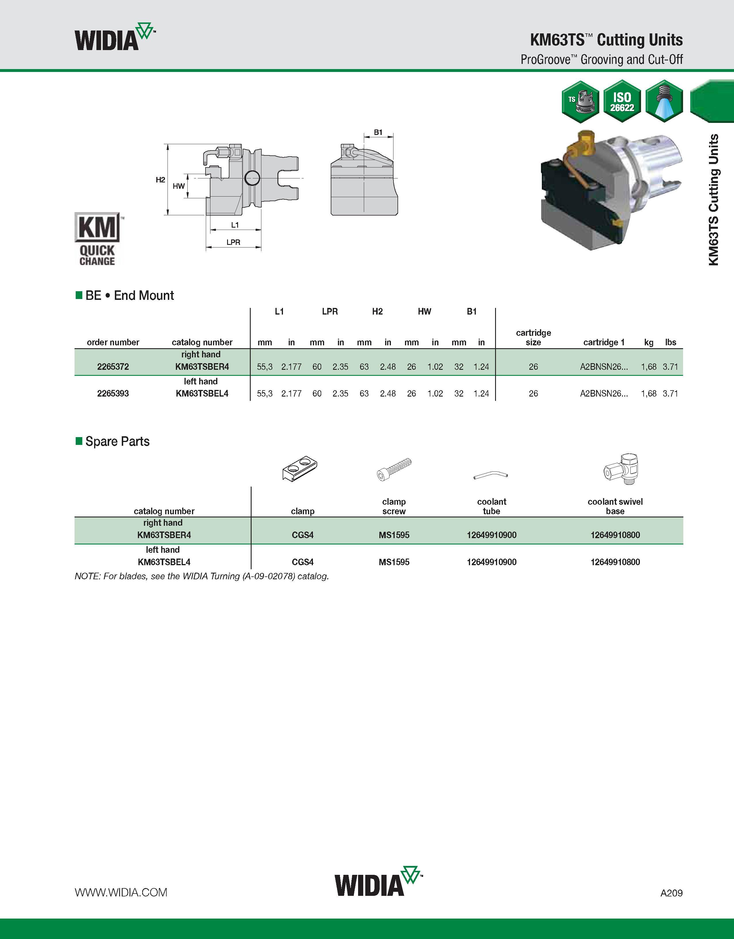 219 WIDIA KM63TS Cutting Units ProGroove Grooving and Cut-Off KMl QUICK CHANGE J3N V I BE End Mount L1 LPR H2 HW B1 order number catalog number mm in Каталог WIDIA 2011 Инструментальная оснастка для металлорежущих станков Вспомогательный инструмент для оборудования Адаптеры Насадки Оправки Патроны Стр. A209 ENG