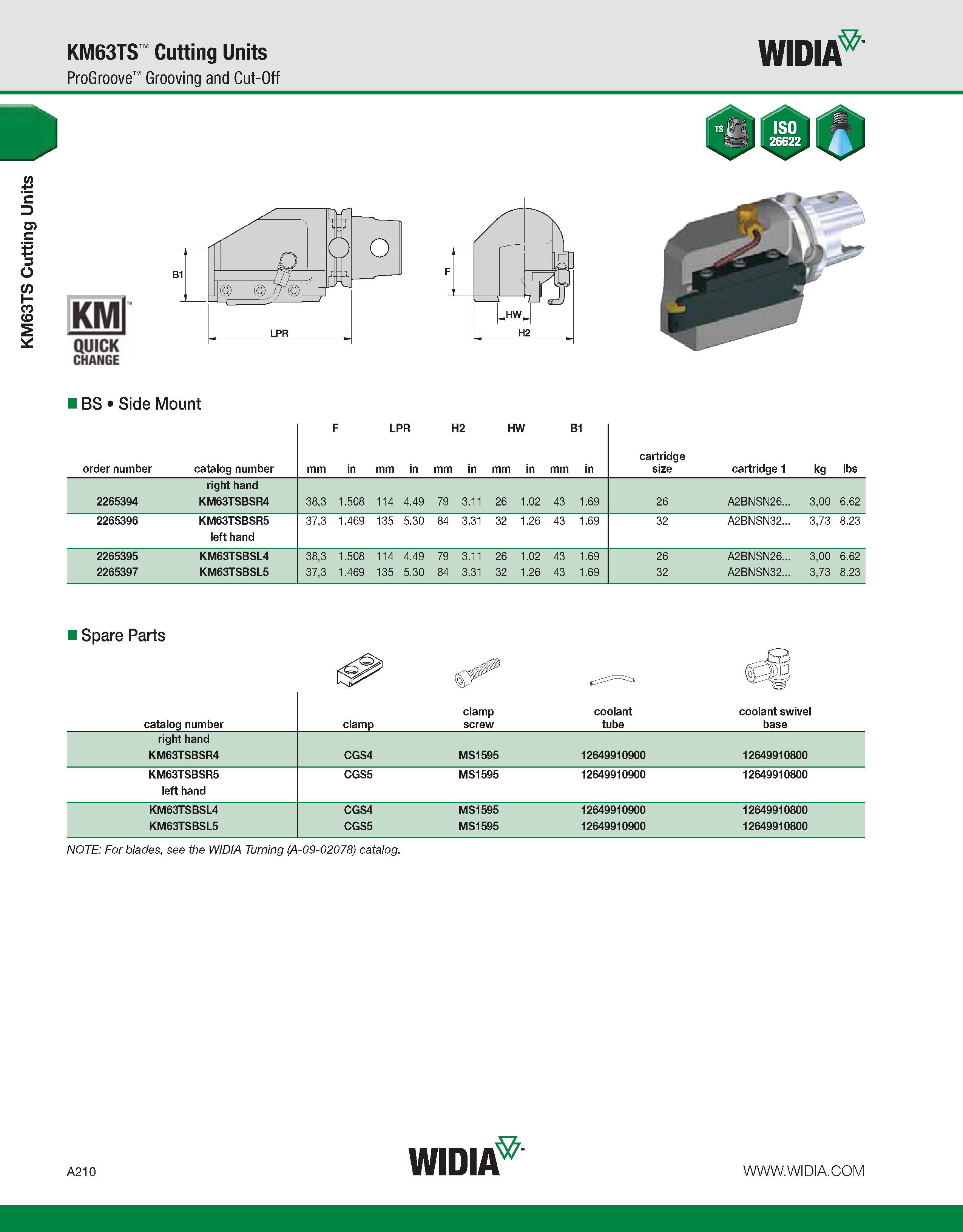 220 KM63TS Cutting Units KM63TS Cutting Units ProGroove Grooving and Cut-Off WIDIA KMl QUICK CHANGE BS Side Mount F LPR H2 HW B1 order number catalog Каталог WIDIA 2011 Инструментальная оснастка для металлорежущих станков Вспомогательный инструмент для оборудования Адаптеры Насадки Оправки Патроны Стр. A210 ENG