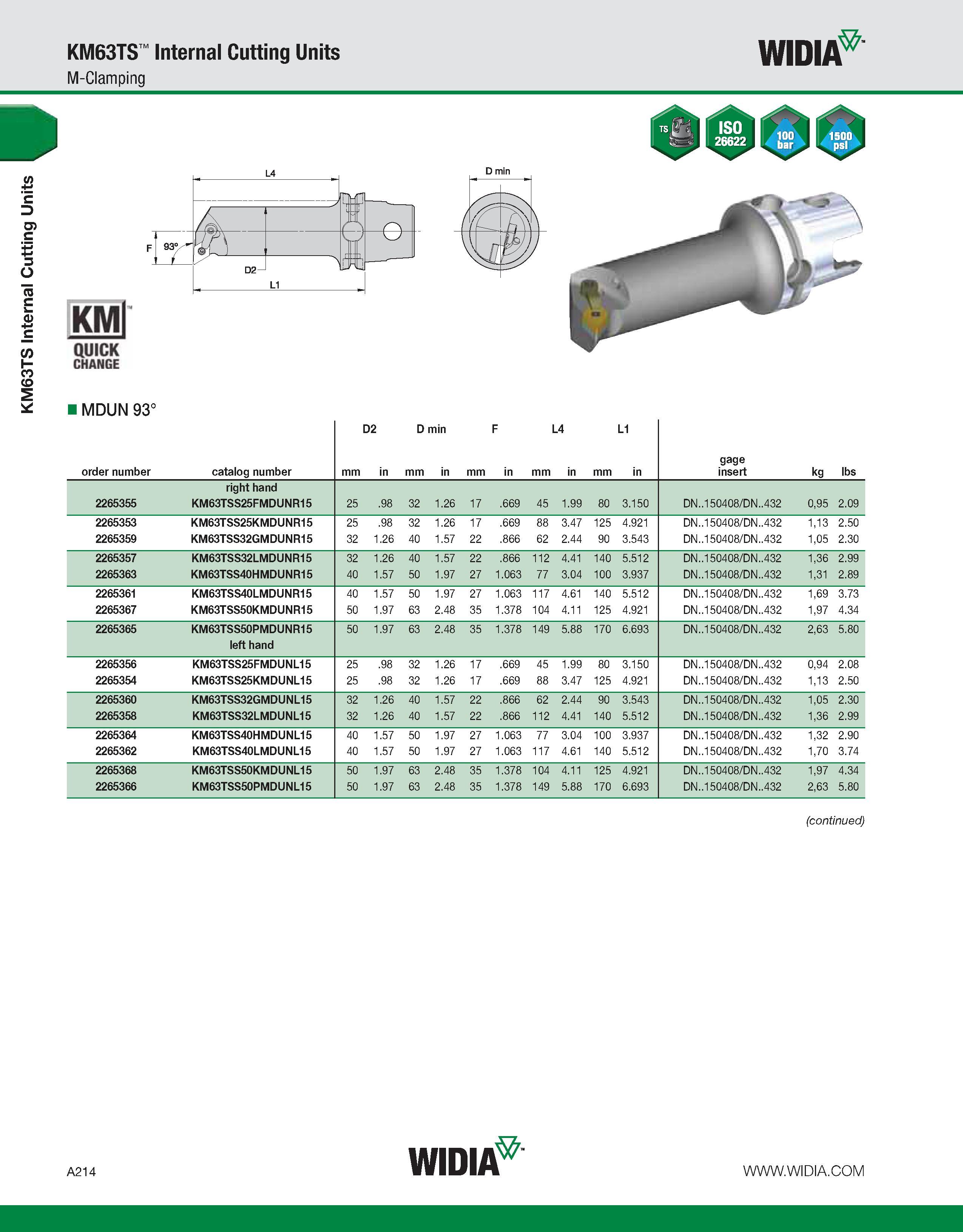 224 KM63TS Internal Cutting Units KM63TS Internal Cutting Units M-Clamping WIDIA KMl QUICK CHANGE MDUN 93° D2 D min F L4 L1 order number catalog numb Каталог WIDIA 2011 Инструментальная оснастка для металлорежущих станков Вспомогательный инструмент для оборудования Адаптеры Насадки Оправки Патроны Стр. A214 ENG