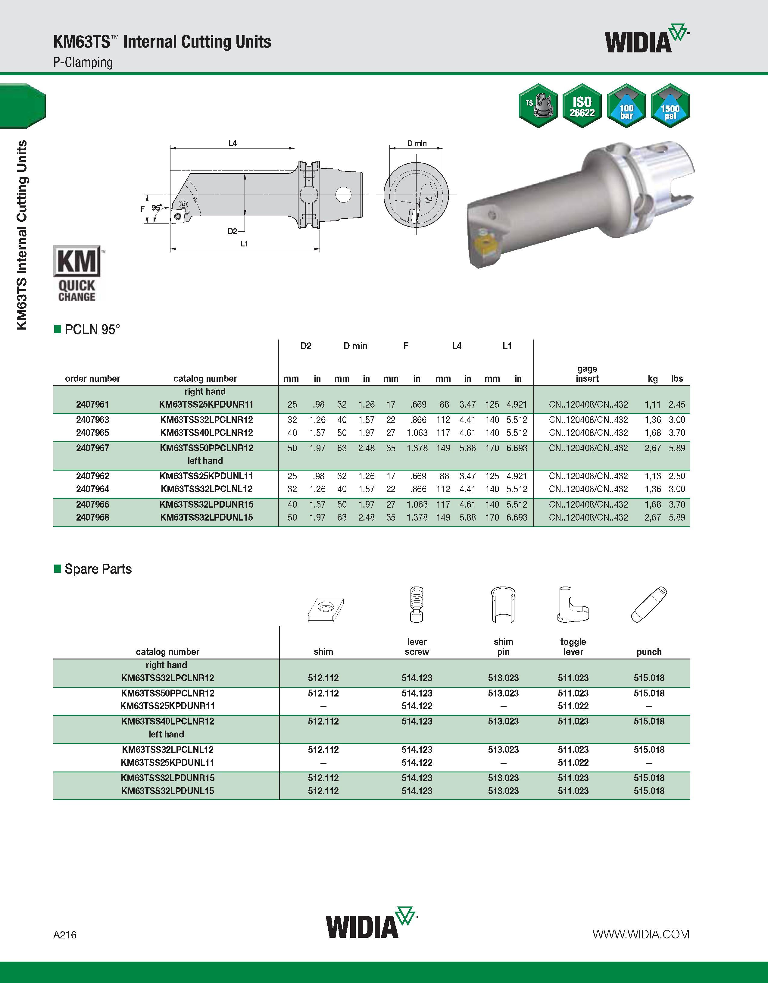 226 KM63TS Internal Cutting Units KM63TS Internal Cutting Units P-Clamping WIDIA KMl QUICK CHANGE PCLN 95° order number catalog number mm D2 in D min Каталог WIDIA 2011 Инструментальная оснастка для металлорежущих станков Вспомогательный инструмент для оборудования Адаптеры Насадки Оправки Патроны Стр. A216 ENG
