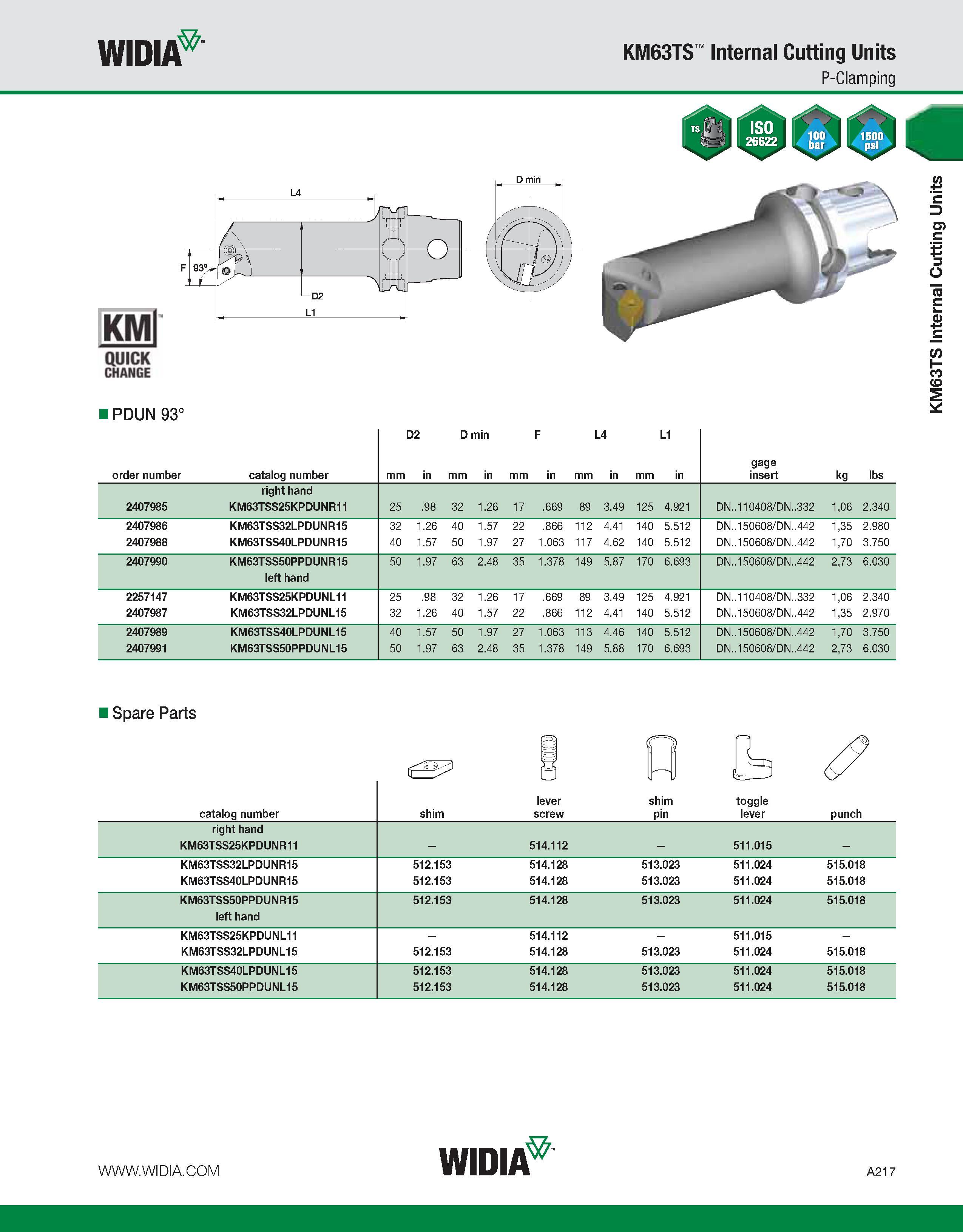 227 WIDIA KM63TS Internal Cutting Units P-Clamping KMl QUICK CHANGE T l_f 1 / f <o - w foL 1 in r > D2 L1 I PDUN 93° D2 D min F L4 L1 order number ca Каталог WIDIA 2011 Инструментальная оснастка для металлорежущих станков Вспомогательный инструмент для оборудования Адаптеры Насадки Оправки Патроны Стр. A217 ENG
