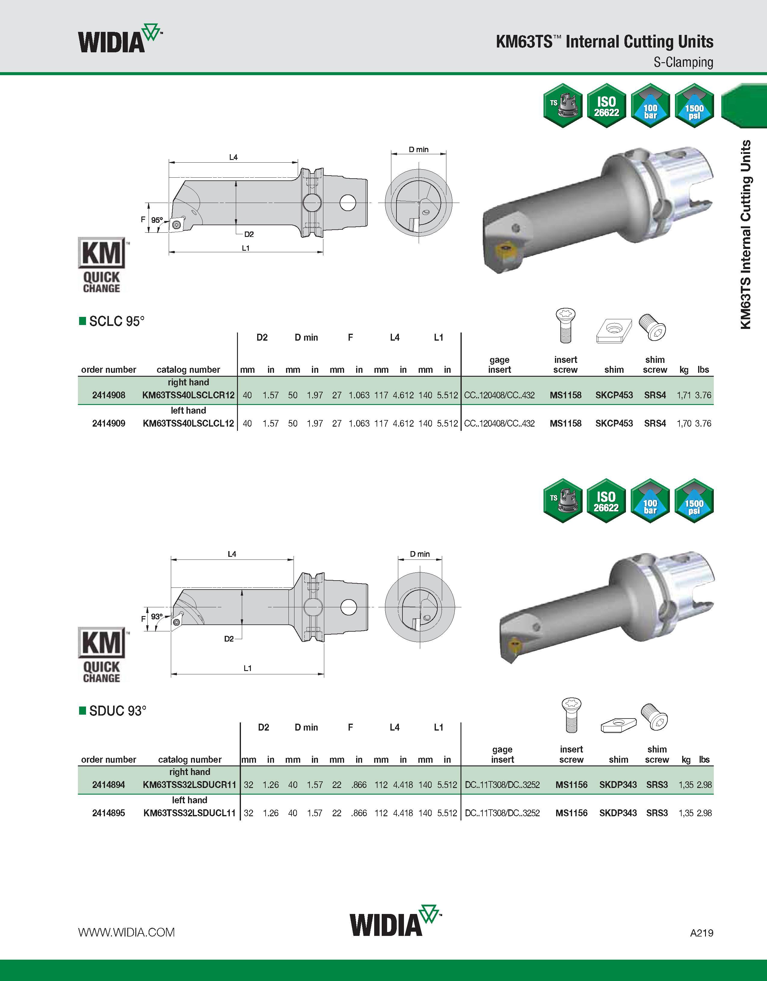 229 WIDIA KM63TS Internal Cutting Units S-Clamping KMl QUICK CHANGE ISCLC 95° (OJ D2 D min F L4 L1 order number catalog number mm in mm in mm in mm i Каталог WIDIA 2011 Инструментальная оснастка для металлорежущих станков Вспомогательный инструмент для оборудования Адаптеры Насадки Оправки Патроны Стр. A219 ENG