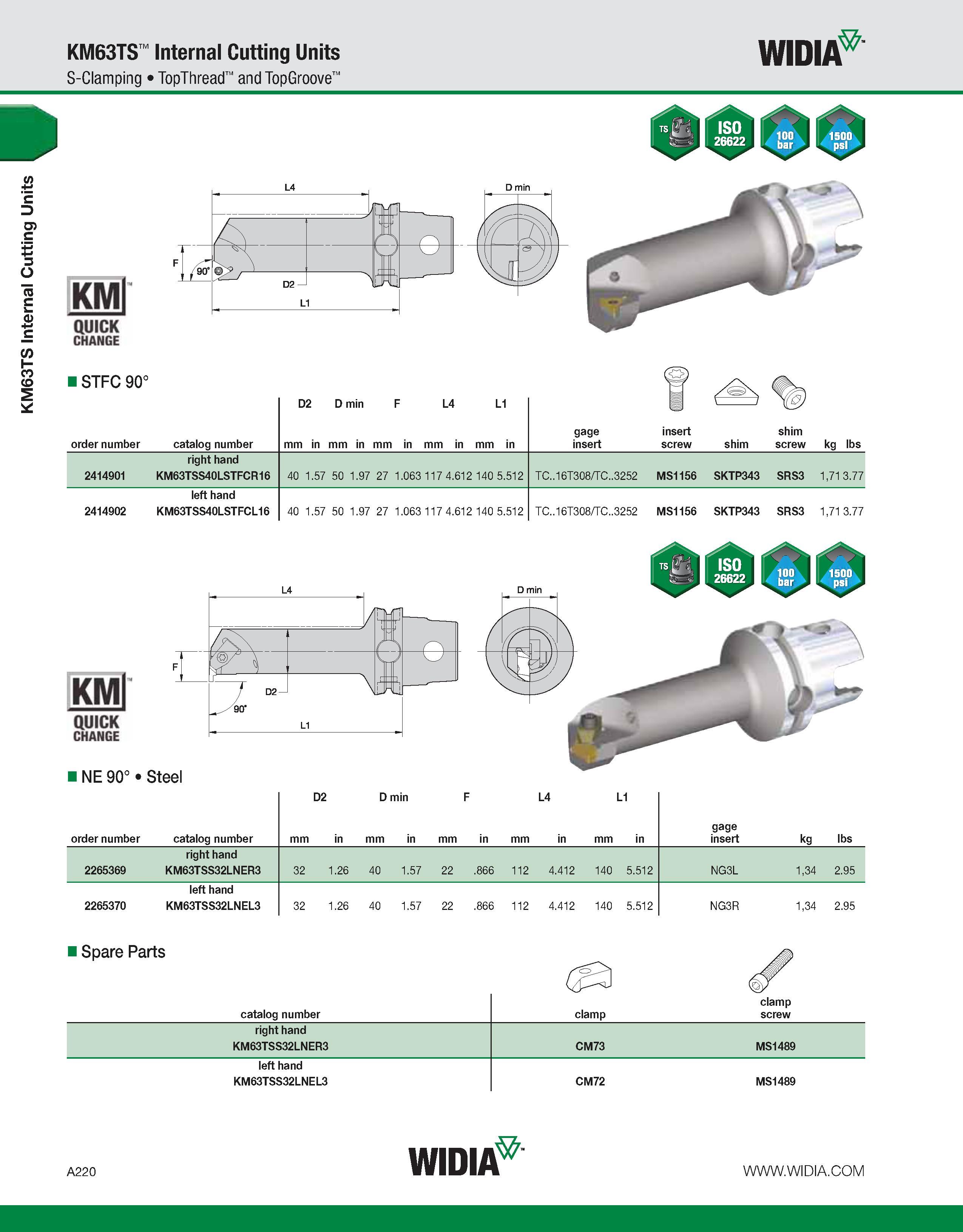 230 KM63TS Internal Cutting Units KM63TS Internal Cutting Units S-Clamping TopThread and TopGroove WIDIA KMl QUICK CHANGE ISTFC 90° co) D2 D min F L4 Каталог WIDIA 2011 Инструментальная оснастка для металлорежущих станков Вспомогательный инструмент для оборудования Адаптеры Насадки Оправки Патроны Стр. A220 ENG