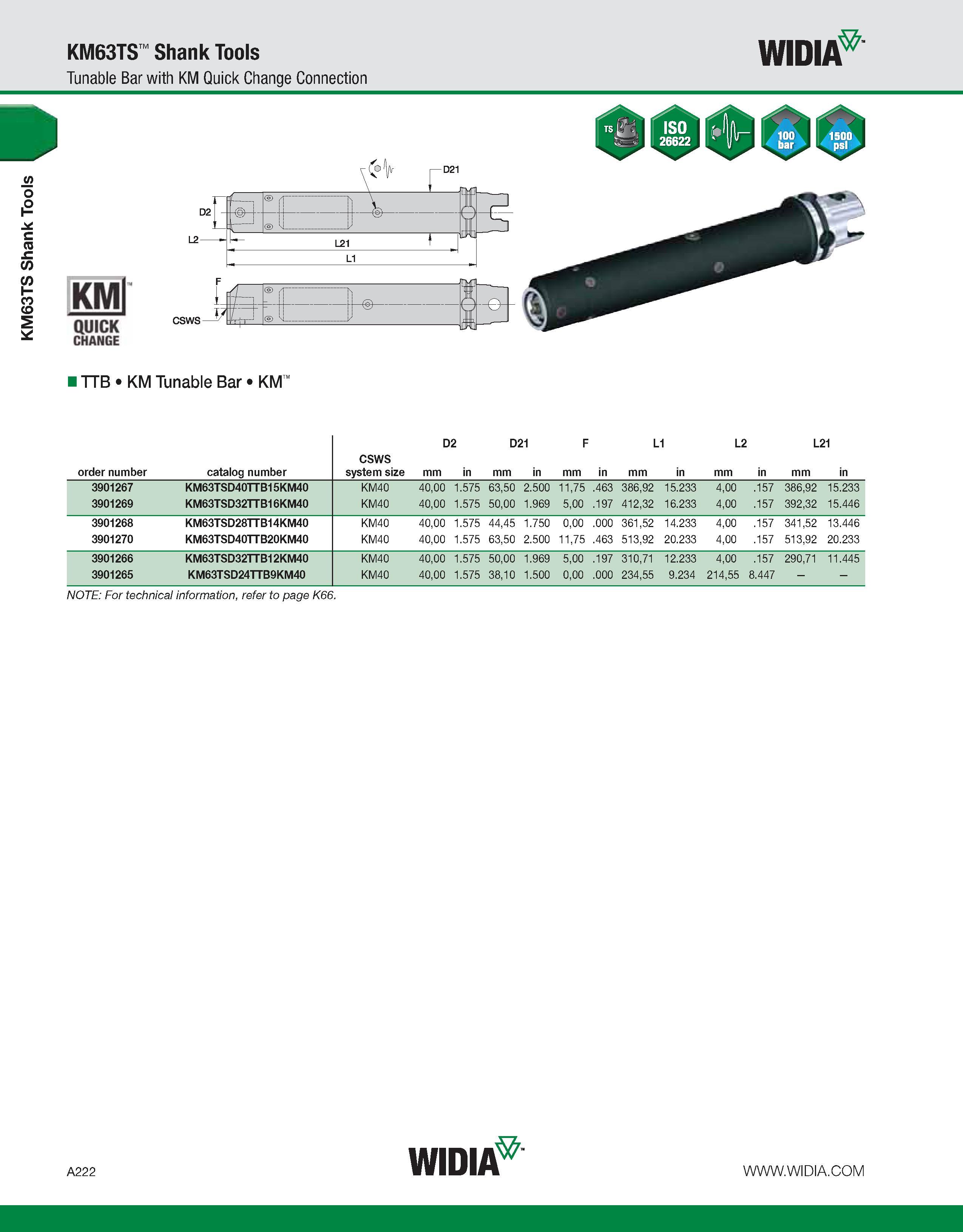 232 KM63TS Shank Tools KM63TS Shank Tools Tunable Bar with KM Quick Change Connection WIDIA D2 KMl QUICK CHANGE F If 5 1 csws / r ITTB KM Tunable Bar Каталог WIDIA 2011 Инструментальная оснастка для металлорежущих станков Вспомогательный инструмент для оборудования Адаптеры Насадки Оправки Патроны Стр. A222 ENG