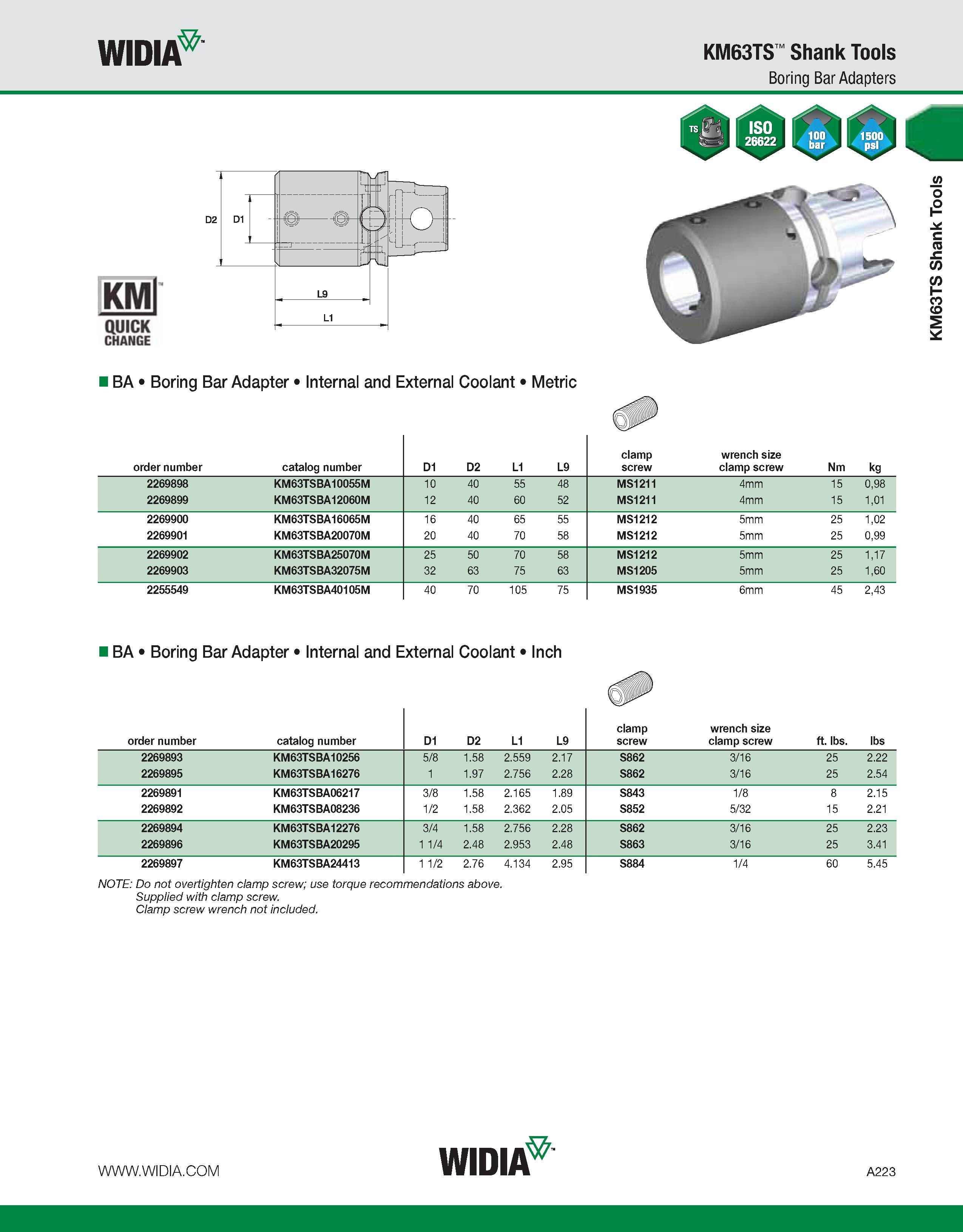 233 WIDIA KM63TS Shank Tools Boring Bar Adapters KMl QUICK CHANGE I BA Boring Bar Adapter Internal and External Coolant Metric order number catalog n Каталог WIDIA 2011 Инструментальная оснастка для металлорежущих станков Вспомогательный инструмент для оборудования Адаптеры Насадки Оправки Патроны Стр. A223 ENG